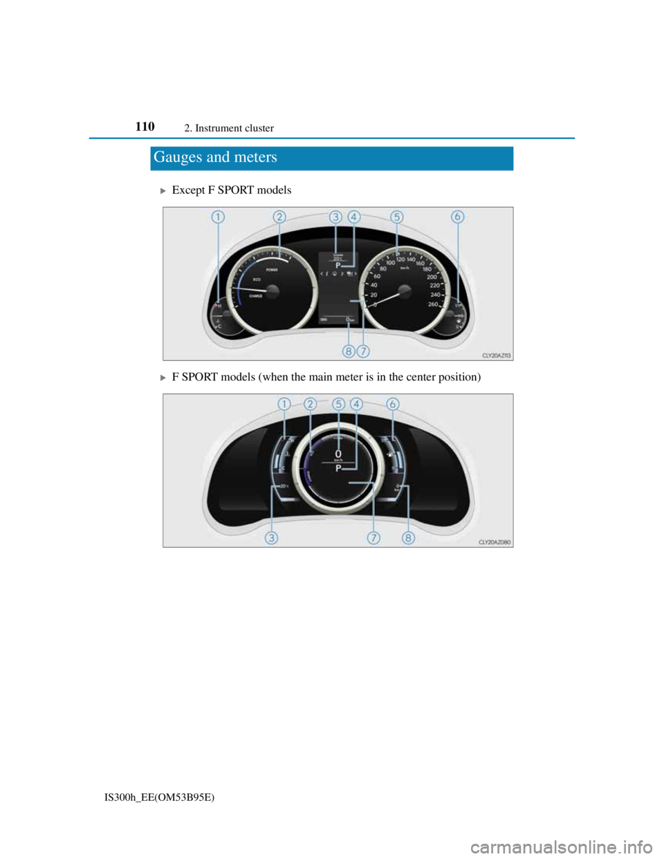 Lexus IS300h 2013 Owners Manual 1102. Instrument cluster
IS300h_EE(OM53B95E)
Except F SPORT models
F SPORT models (when the main meter is in the center position)
Gauges and meters Lexus IS300h 2013 Owners Manual 1102. Instrument cluster
IS300h_EE(OM53B95E)
Except F SPORT models
F SPORT models (when the main meter is in the center position)
Gauges and meters