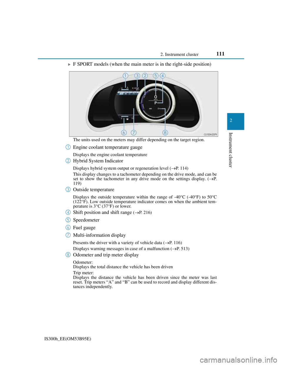 Lexus IS300h 2013 User Guide 1112. Instrument cluster
2
Instrument cluster
IS300h_EE(OM53B95E)
F SPORT models (when the main meter is in the right-side position)
The units used on the meters may differ depending on the target 