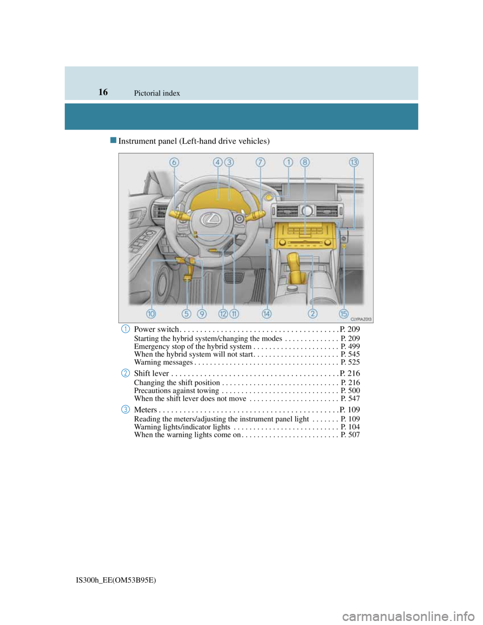 Lexus IS300h 2013  Owners Manual 16Pictorial index
IS300h_EE(OM53B95E)
Instrument panel (Left-hand drive vehicles)
Power switch . . . . . . . . . . . . . . . . . . . . . . . . . . . . . . . . . . . . . . . P. 209
Starting the hybr