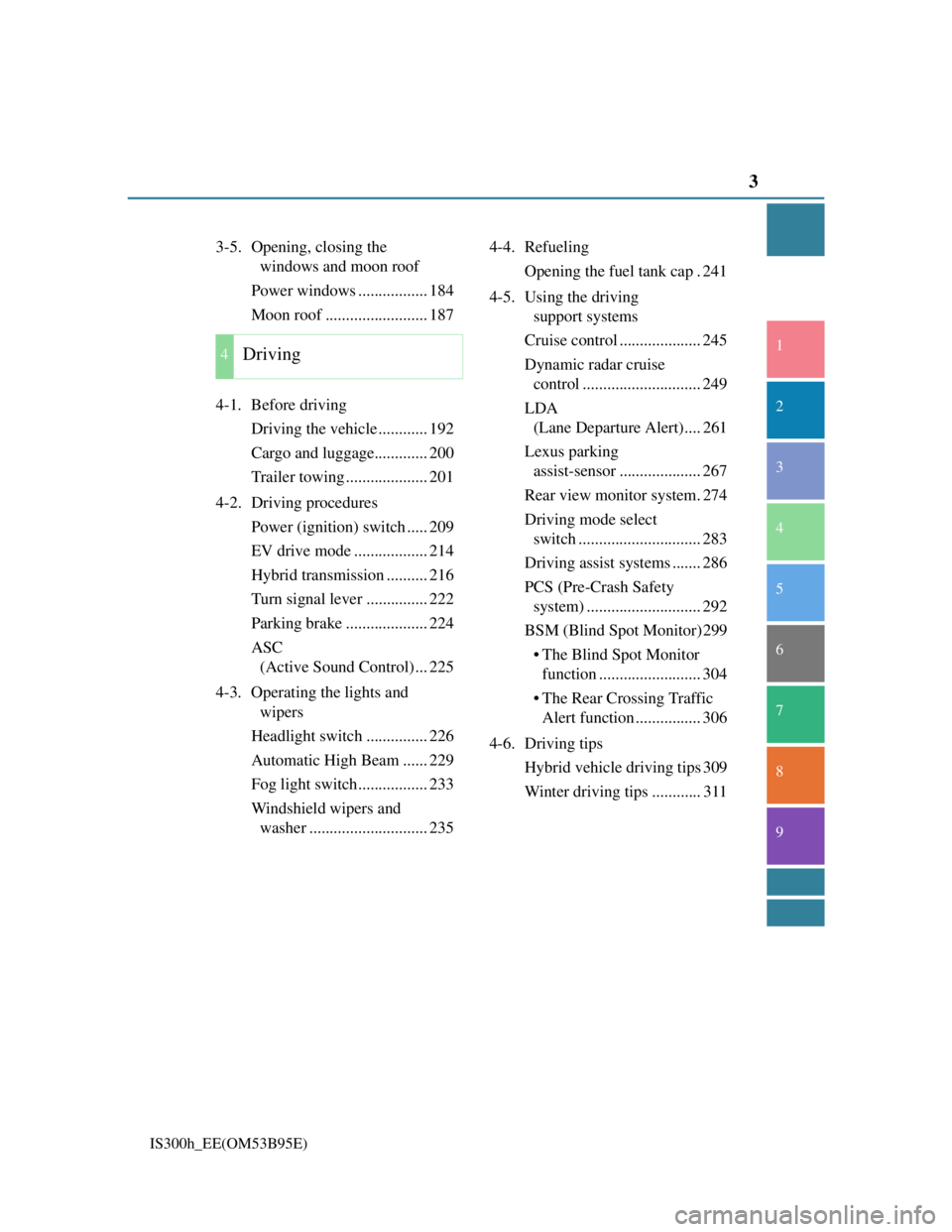 Lexus IS300h 2013  Owners Manual 3
1
9 8
7
6 4 3
2
IS300h_EE(OM53B95E)
5
3-5.  Opening, closing the 
windows and moon roof
Power windows ................. 184
Moon roof ......................... 187
4-1. Before driving
Driving the ve