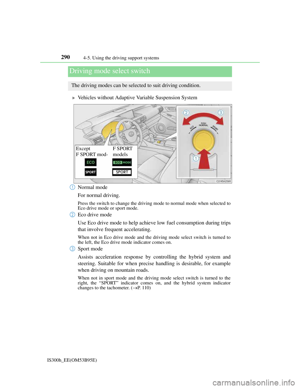 Lexus IS300h 2013 Owners Manual 2904-5. Using the driving support systems
IS300h_EE(OM53B95E)
Vehicles without Adaptive Variable Suspension System
Normal mode
For normal driving.
Press the switch to change the driving mode to nor Lexus IS300h 2013 Owners Manual 2904-5. Using the driving support systems
IS300h_EE(OM53B95E)
Vehicles without Adaptive Variable Suspension System
Normal mode
For normal driving.
Press the switch to change the driving mode to nor