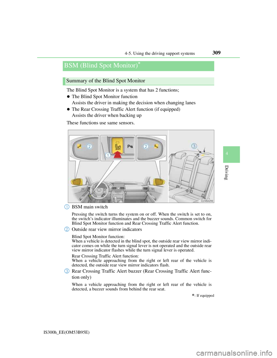 Lexus IS300h 2013 Workshop Manual 3094-5. Using the driving support systems
4
Driving
IS300h_EE(OM53B95E)
The Blind Spot Monitor is a system that has 2 functions;
The Blind Spot Monitor function 
Assists the driver in making the de