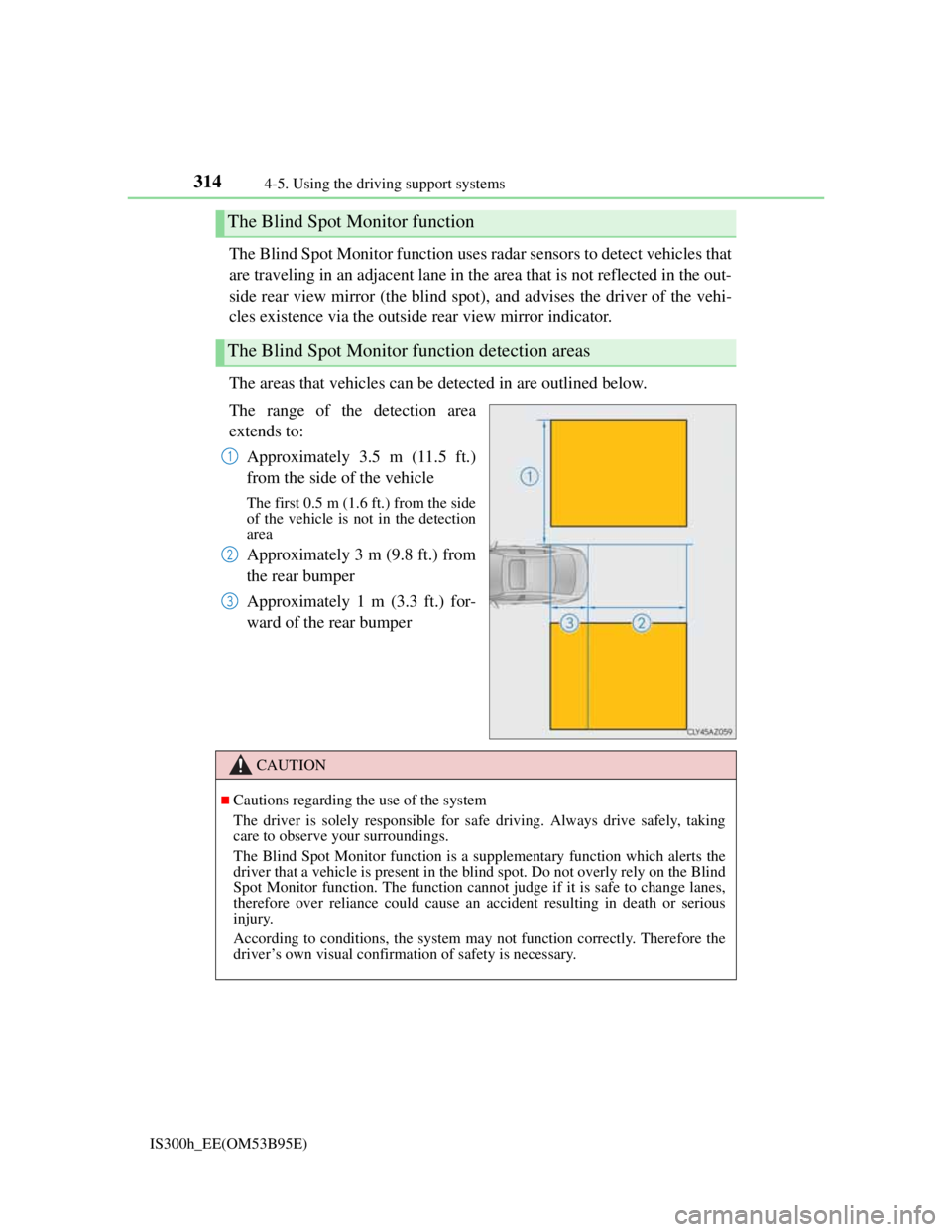 Lexus IS300h 2013 Workshop Manual 3144-5. Using the driving support systems
IS300h_EE(OM53B95E)
The Blind Spot Monitor function uses radar sensors to detect vehicles that
are traveling in an adjacent lane in the area that is not refle