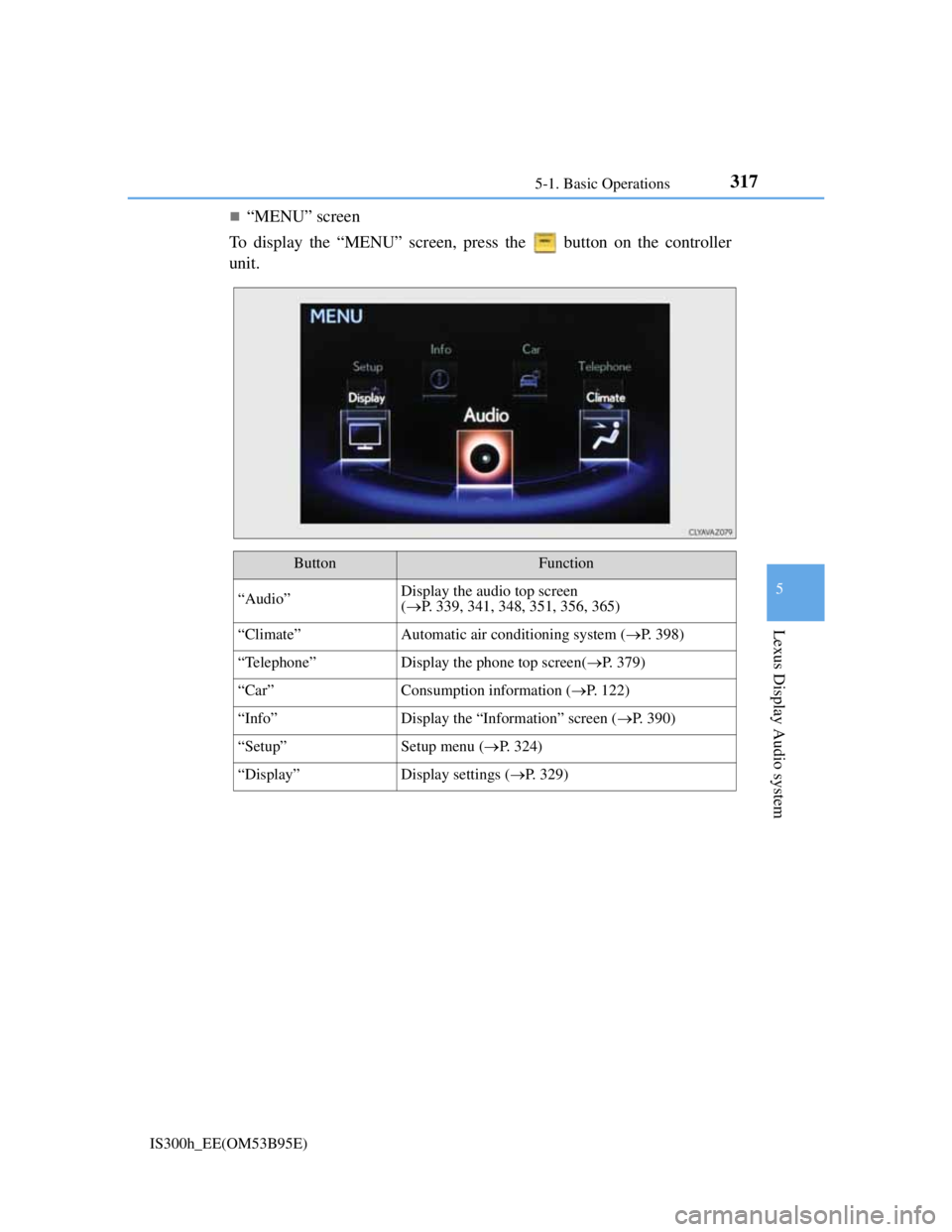 Lexus IS300h 2013 Owners Manual 3175-1. Basic Operations
5
Lexus Display Audio system
IS300h_EE(OM53B95E)
“MENU” screen
To display the “MENU” screen, press the button on the controller
unit.
ButtonFunction
“Audio”Di Lexus IS300h 2013 Owners Manual 3175-1. Basic Operations
5
Lexus Display Audio system
IS300h_EE(OM53B95E)
“MENU” screen
To display the “MENU” screen, press the button on the controller
unit.
ButtonFunction
“Audio”Di