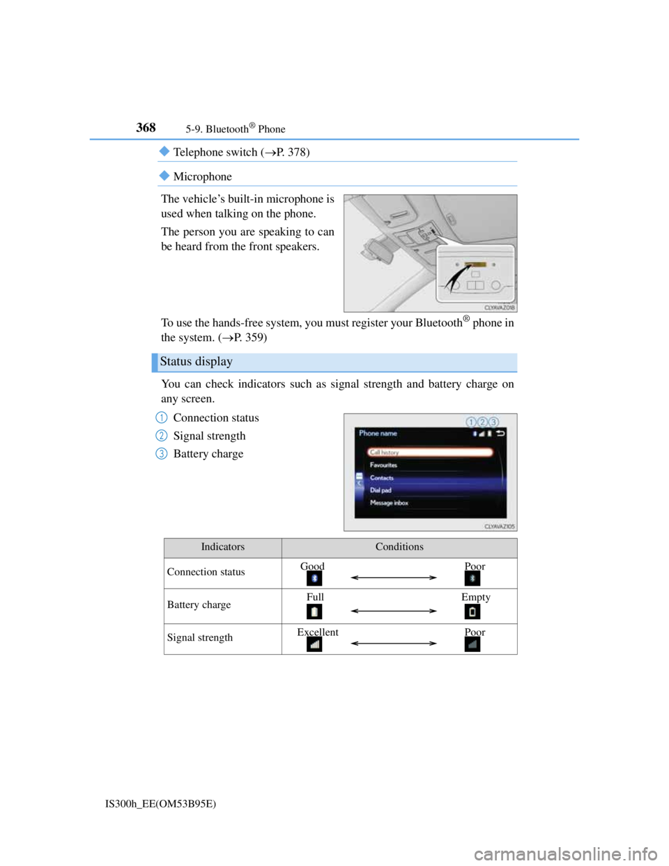 Lexus IS300h 2013 User Guide 3685-9. Bluetooth® Phone
IS300h_EE(OM53B95E)
Telephone switch (P. 378)
Microphone
The vehicle’s built-in microphone is
used when talking on the phone.
The person you are speaking to can
be