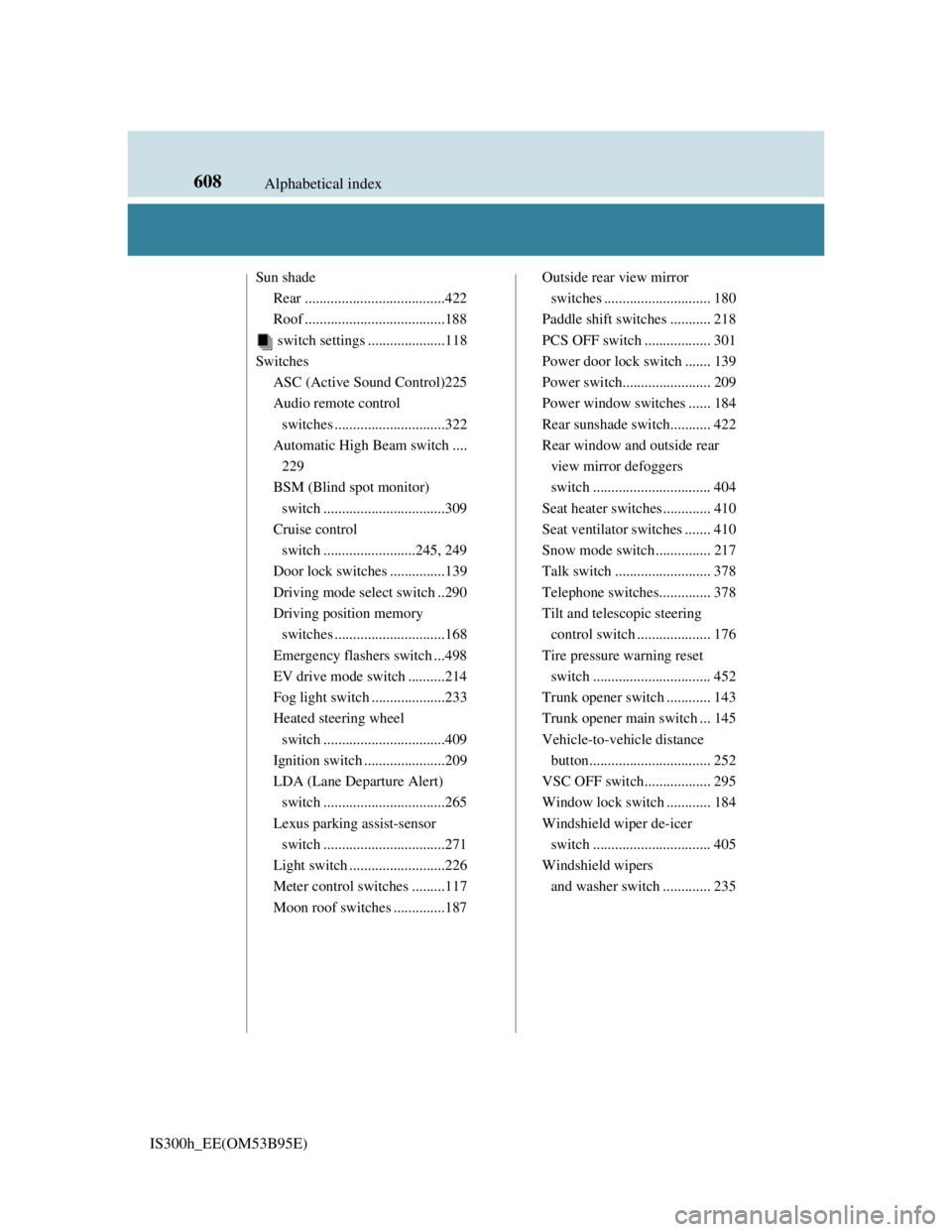 Lexus IS300h 2013  Owners Manual 608Alphabetical index
IS300h_EE(OM53B95E)
Sun shade
Rear ......................................422
Roof ......................................188
 switch settings .....................118
Switches
ASC