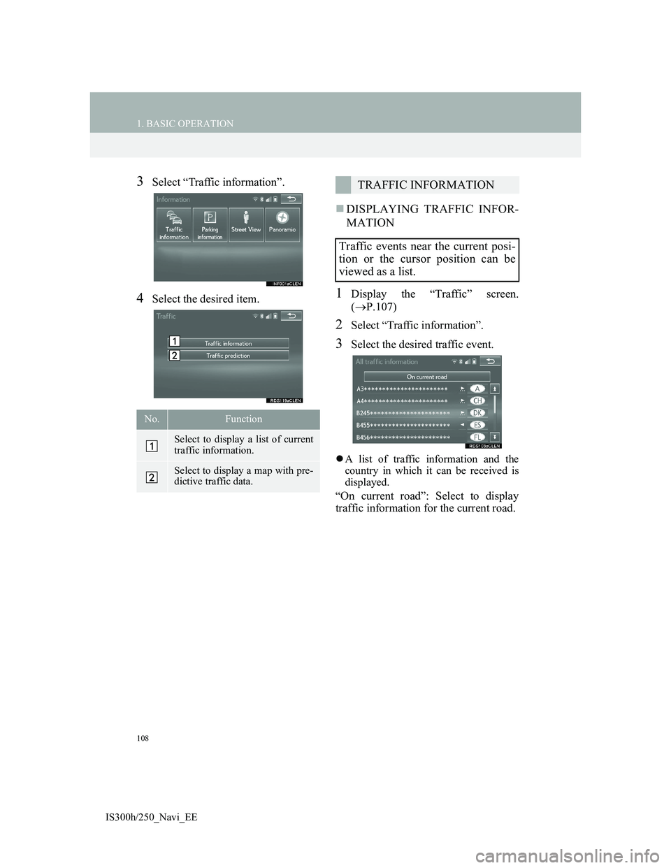 Lexus IS300h 2013 Navigation manual 108
1. BASIC OPERATION
IS300h/250_Navi_EE
3Select “Traffic information”.
4Select the desired item.
DISPLAYING TRAFFIC INFOR-
MATION
1Display the “Traffic” screen.
(P.107)
2Select “Traf Lexus IS300h 2013 Navigation manual 108
1. BASIC OPERATION
IS300h/250_Navi_EE
3Select “Traffic information”.
4Select the desired item.
DISPLAYING TRAFFIC INFOR-
MATION
1Display the “Traffic” screen.
(P.107)
2Select “Traf