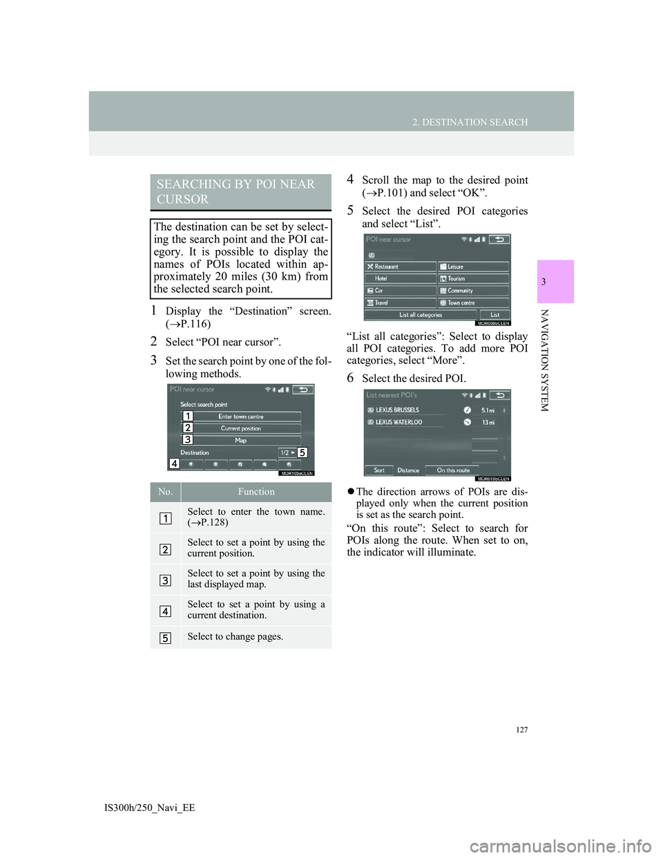 Lexus IS300h 2013 Navigation manual 127
2. DESTINATION SEARCH
3
NAVIGATION SYSTEM
IS300h/250_Navi_EE
1Display the “Destination” screen.
(P.116)
2Select “POI near cursor”.
3Set the search point by one of the fol-
lowing metho Lexus IS300h 2013 Navigation manual 127
2. DESTINATION SEARCH
3
NAVIGATION SYSTEM
IS300h/250_Navi_EE
1Display the “Destination” screen.
(P.116)
2Select “POI near cursor”.
3Set the search point by one of the fol-
lowing metho
