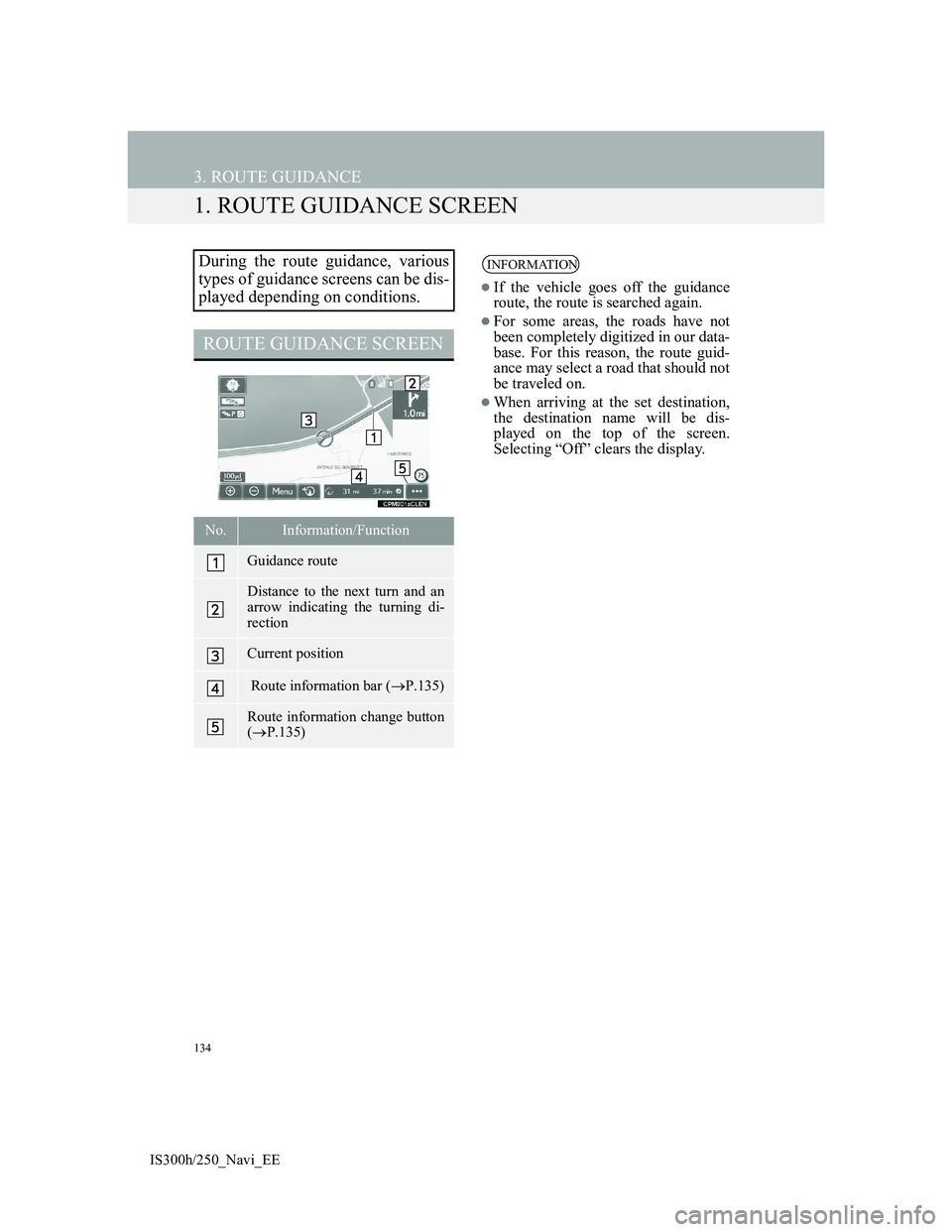 Lexus IS300h 2013  Navigation manual 134
IS300h/250_Navi_EE
3. ROUTE GUIDANCE
1. ROUTE GUIDANCE SCREEN
During the route guidance, various
types of guidance screens can be dis-
played depending on conditions.
ROUTE GUIDANCE SCREEN
No.Info