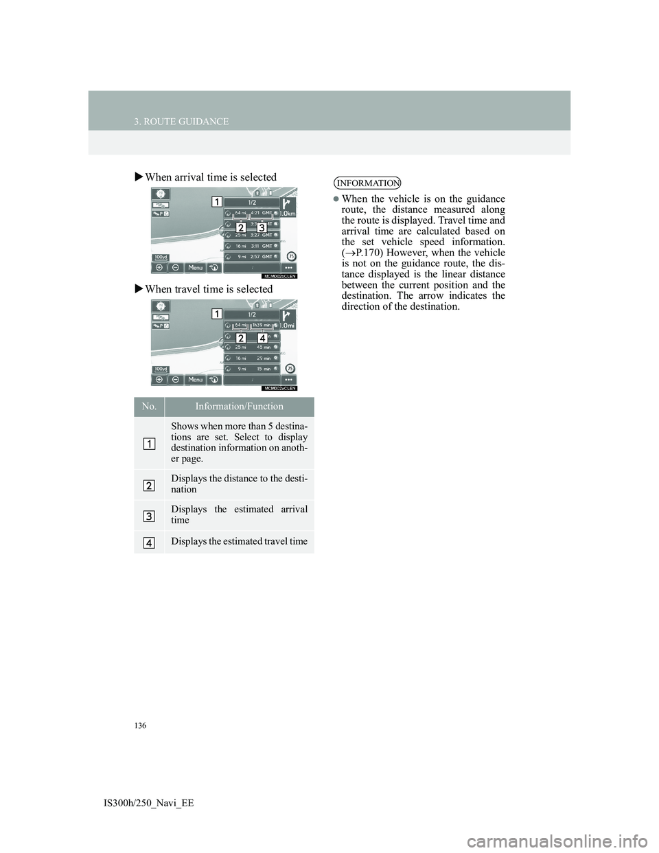 Lexus IS300h 2013  Navigation manual 136
3. ROUTE GUIDANCE
IS300h/250_Navi_EE
When arrival time is selected
When travel time is selected
No.Information/Function
Shows when more than 5 destina-
tions are set. Select to display
desti