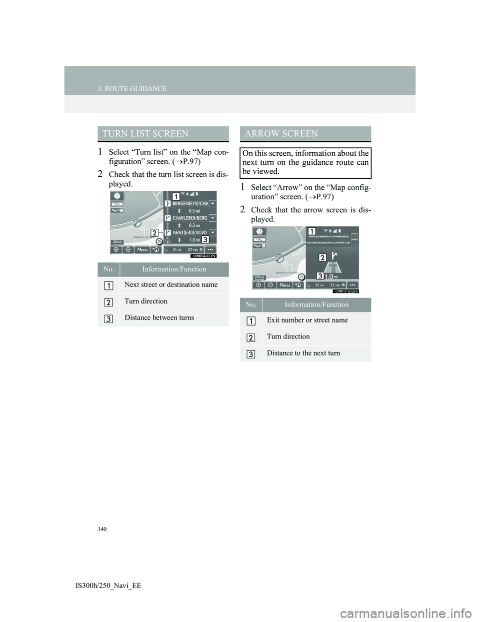 Lexus IS300h 2013  Navigation manual 140
3. ROUTE GUIDANCE
IS300h/250_Navi_EE
1Select “Turn list” on the “Map con-
figuration” screen. (P.97)
2Check that the turn list screen is dis-
played.
1Select “Arrow” on the “Map c