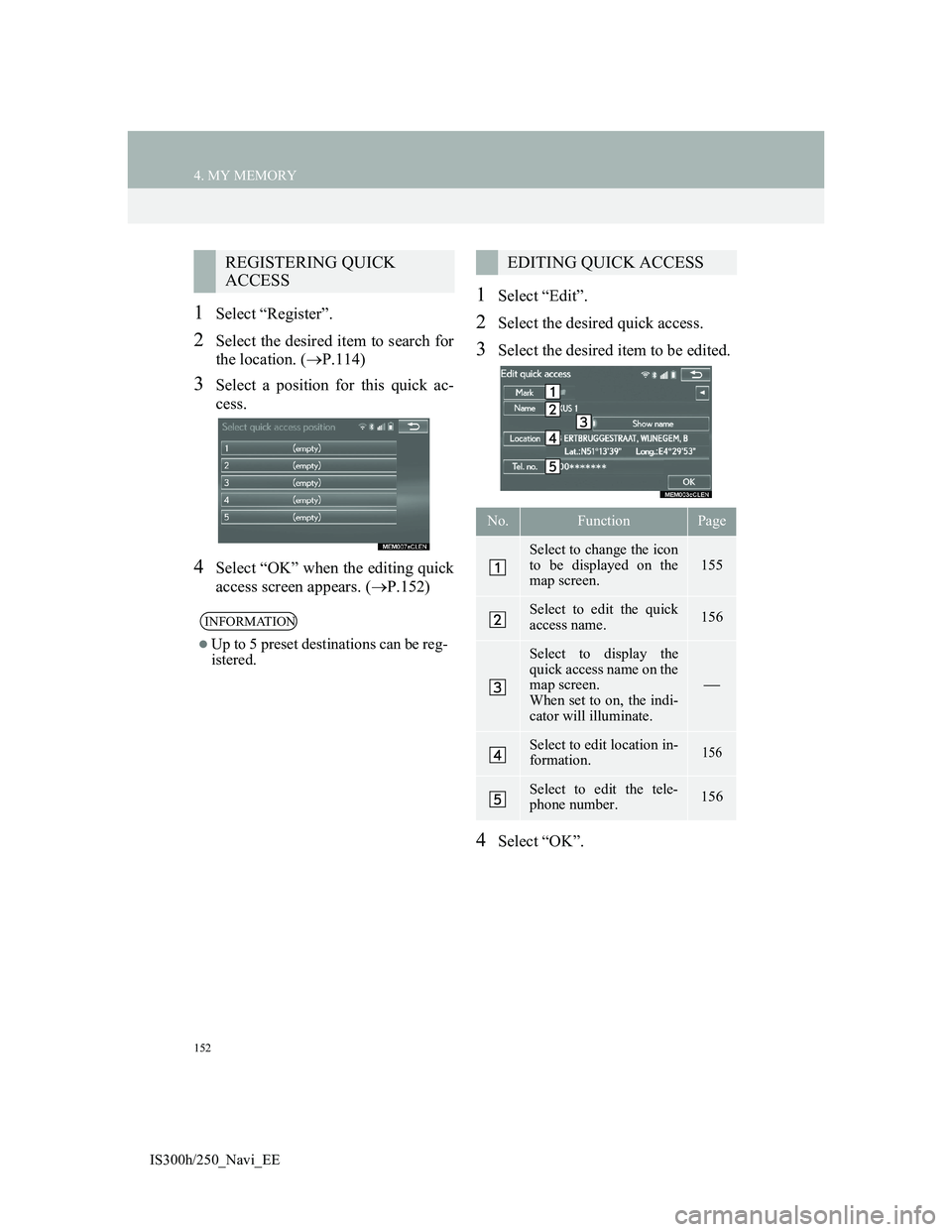 Lexus IS300h 2013 Navigation manual 152
4. MY MEMORY
IS300h/250_Navi_EE
1Select “Register”.
2Select the desired item to search for
the location. (P.114)
3Select a position for this quick ac-
cess.
4Select “OK” when the editin Lexus IS300h 2013 Navigation manual 152
4. MY MEMORY
IS300h/250_Navi_EE
1Select “Register”.
2Select the desired item to search for
the location. (P.114)
3Select a position for this quick ac-
cess.
4Select “OK” when the editin