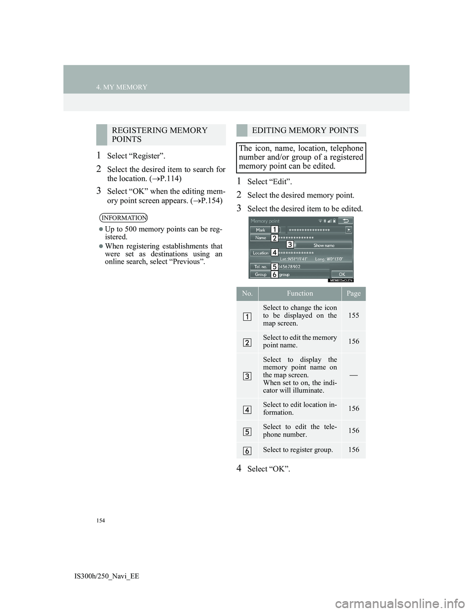 Lexus IS300h 2013 Navigation manual 154
4. MY MEMORY
IS300h/250_Navi_EE
1Select “Register”.
2Select the desired item to search for
the location. (P.114)
3Select “OK” when the editing mem-
ory point screen appears. (P.154)
Lexus IS300h 2013 Navigation manual 154
4. MY MEMORY
IS300h/250_Navi_EE
1Select “Register”.
2Select the desired item to search for
the location. (P.114)
3Select “OK” when the editing mem-
ory point screen appears. (P.154)