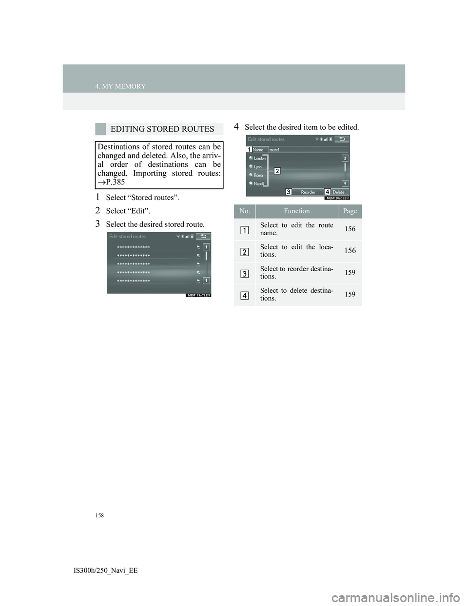 Lexus IS300h 2013  Navigation manual 158
4. MY MEMORY
IS300h/250_Navi_EE
1Select “Stored routes”.
2Select “Edit”.
3Select the desired stored route.
4Select the desired item to be edited.EDITING STORED ROUTES
Destinations of store