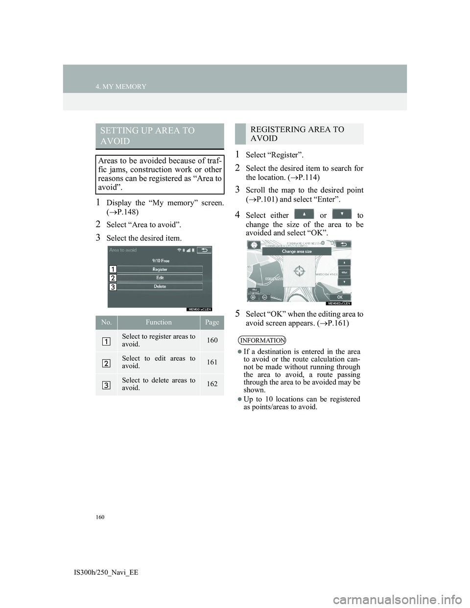 Lexus IS300h 2013 Navigation manual 160
4. MY MEMORY
IS300h/250_Navi_EE
1Display the “My memory” screen.
(P.148)
2Select “Area to avoid”.
3Select the desired item.
1Select “Register”.
2Select the desired item to search fo Lexus IS300h 2013 Navigation manual 160
4. MY MEMORY
IS300h/250_Navi_EE
1Display the “My memory” screen.
(P.148)
2Select “Area to avoid”.
3Select the desired item.
1Select “Register”.
2Select the desired item to search fo