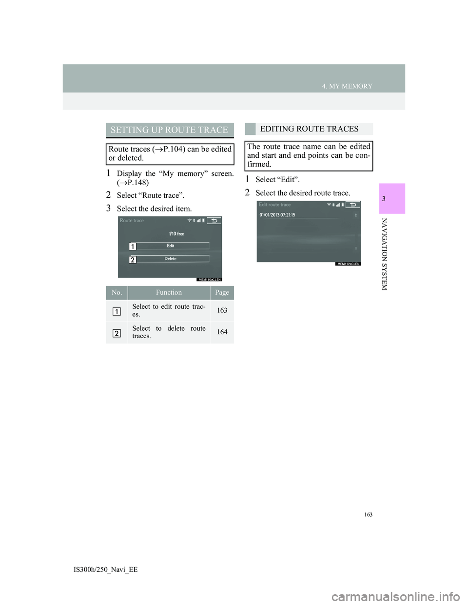 Lexus IS300h 2013  Navigation manual 163
4. MY MEMORY
3
NAVIGATION SYSTEM
IS300h/250_Navi_EE
1Display the “My memory” screen.
(P.148)
2Select “Route trace”.
3Select the desired item.
1Select “Edit”.
2Select the desired rou