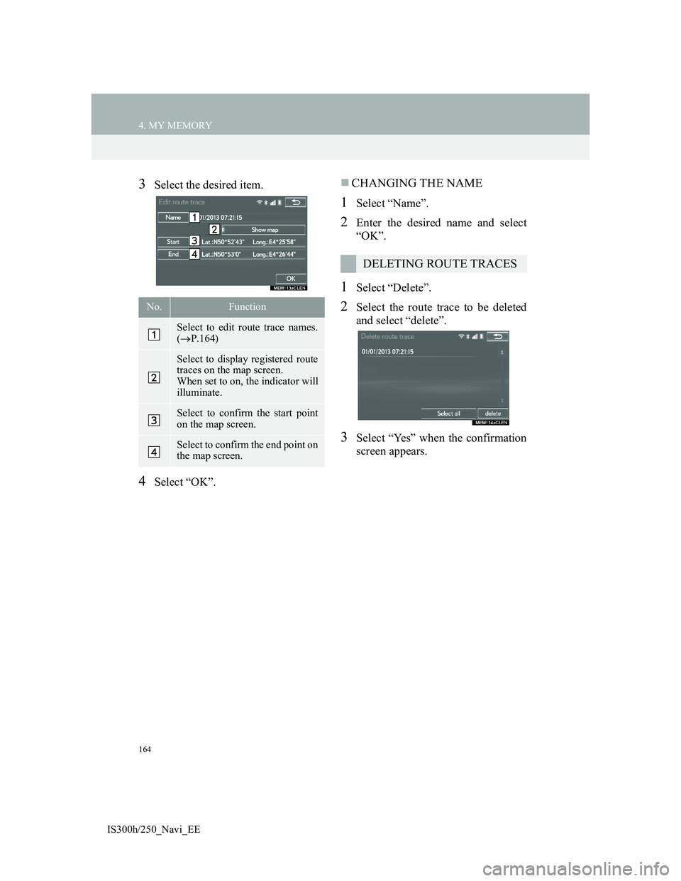 Lexus IS300h 2013  Navigation manual 164
4. MY MEMORY
IS300h/250_Navi_EE
3Select the desired item.
4Select “OK”.
CHANGING THE NAME
1Select “Name”.
2Enter the desired name and select
“OK”.
1Select “Delete”.
2Select the 