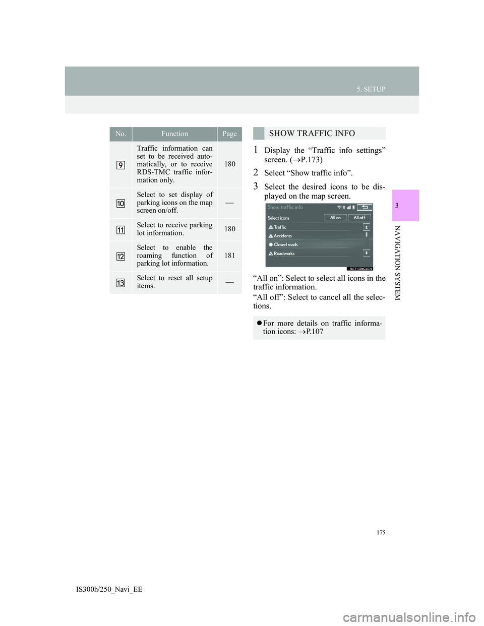 Lexus IS300h 2013 Navigation manual 175
5. SETUP
3
NAVIGATION SYSTEM
IS300h/250_Navi_EE
1Display the “Traffic info settings”
screen. (P.173)
2Select “Show traffic info”.
3Select the desired icons to be dis-
played on the map Lexus IS300h 2013 Navigation manual 175
5. SETUP
3
NAVIGATION SYSTEM
IS300h/250_Navi_EE
1Display the “Traffic info settings”
screen. (P.173)
2Select “Show traffic info”.
3Select the desired icons to be dis-
played on the map