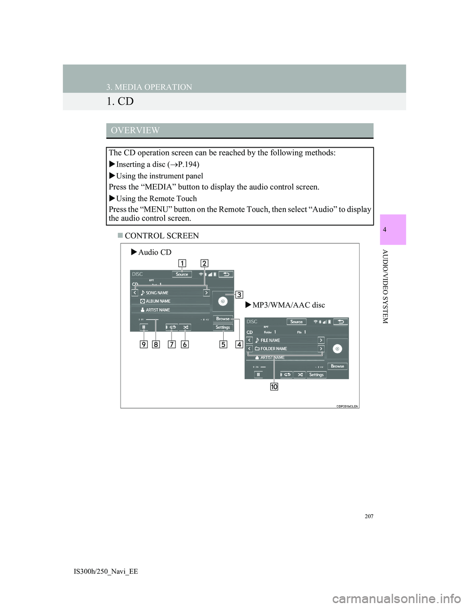 Lexus IS300h 2013 Navigation manual 207
IS300h/250_Navi_EE
4
AUDIO/VIDEO SYSTEM
3. MEDIA OPERATION
1. CD
CONTROL SCREEN
OVERVIEW
The CD operation screen can be reached by the following methods:
Inserting a disc (P.194)
Usin Lexus IS300h 2013 Navigation manual 207
IS300h/250_Navi_EE
4
AUDIO/VIDEO SYSTEM
3. MEDIA OPERATION
1. CD
CONTROL SCREEN
OVERVIEW
The CD operation screen can be reached by the following methods:
Inserting a disc (P.194)
Usin