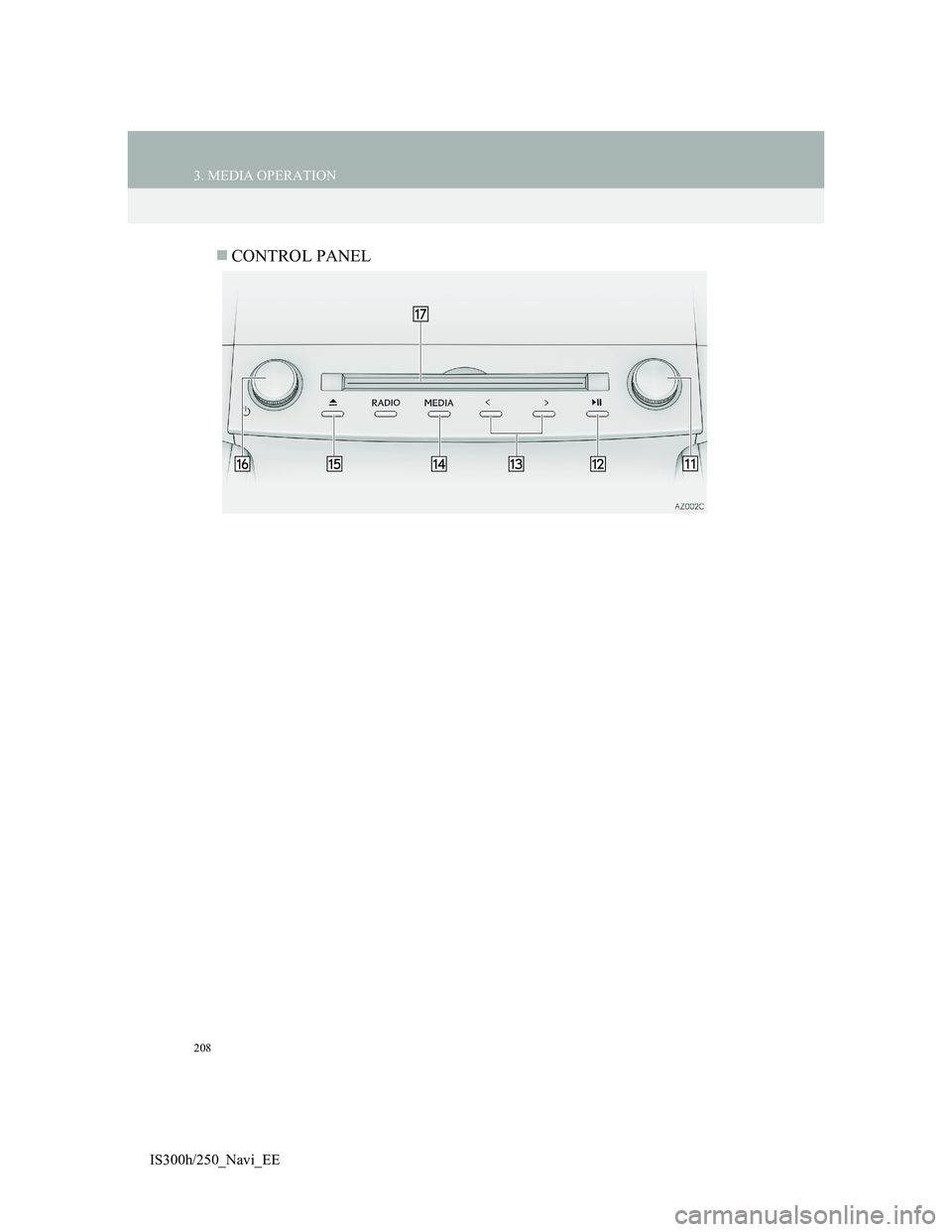 Lexus IS300h 2013  Navigation manual 208
3. MEDIA OPERATION
IS300h/250_Navi_EE
CONTROL PANEL 