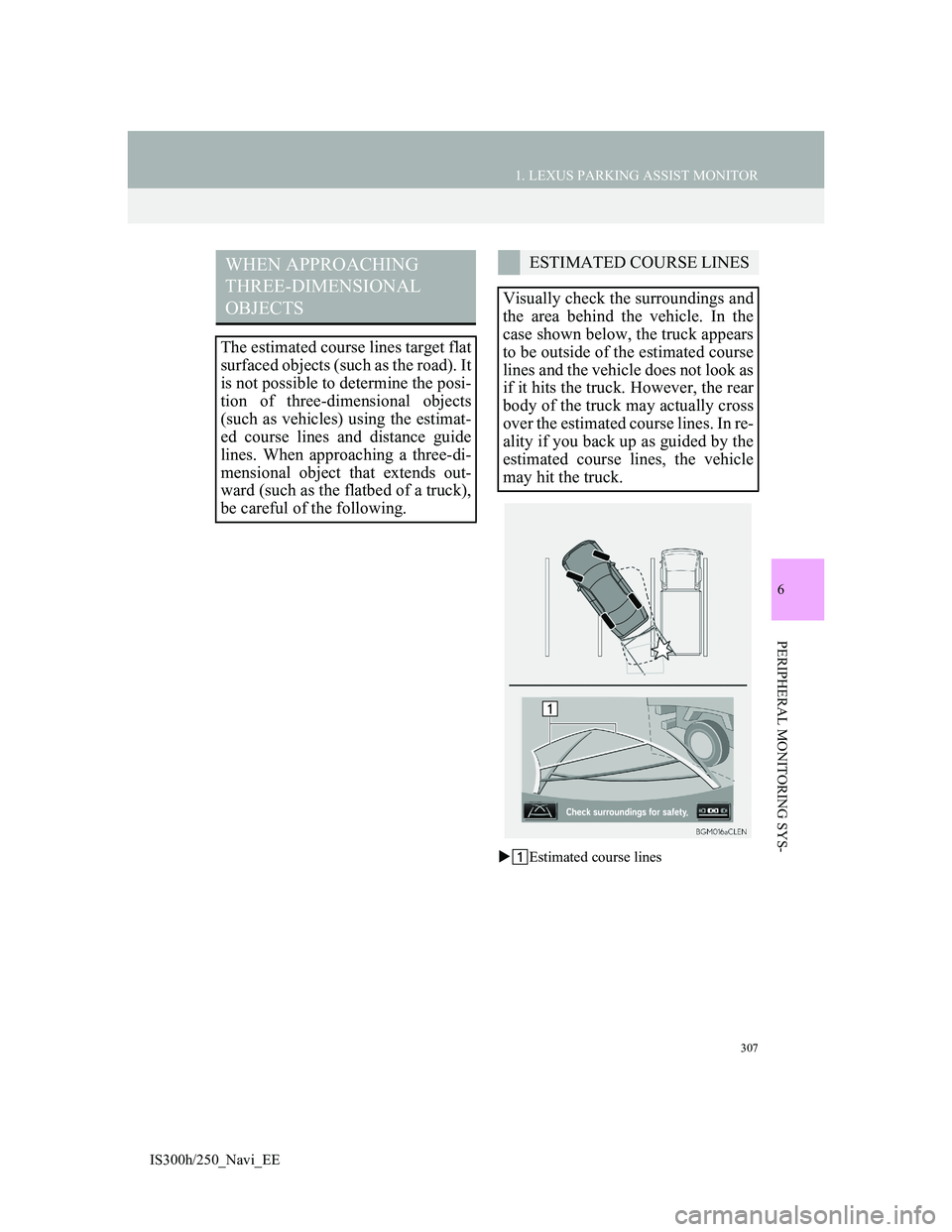Lexus IS300h 2013 Navigation manual 307
1. LEXUS PARKING ASSIST MONITOR
6
PERIPHERAL MONITORING SYS-
IS300h/250_Navi_EEEstimated course lines
WHEN APPROACHING
THREE-DIMENSIONAL
OBJECTS
The estimated course lines target flat
surface Lexus IS300h 2013 Navigation manual 307
1. LEXUS PARKING ASSIST MONITOR
6
PERIPHERAL MONITORING SYS-
IS300h/250_Navi_EEEstimated course lines
WHEN APPROACHING
THREE-DIMENSIONAL
OBJECTS
The estimated course lines target flat
surface