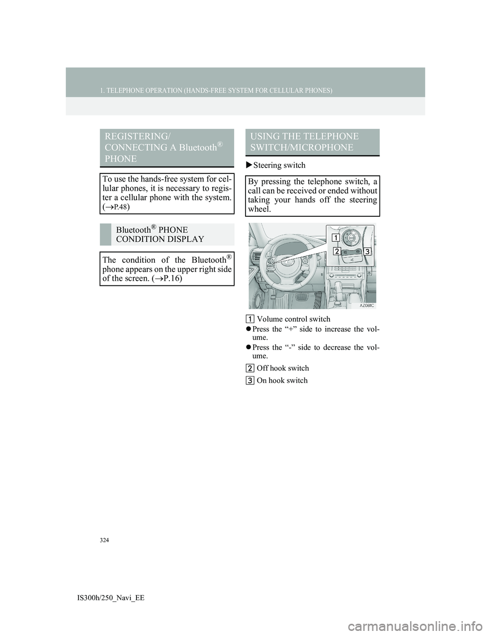 Lexus IS300h 2013 Navigation manual 324
1. TELEPHONE OPERATION (HANDS-FREE SYSTEM FOR CELLULAR PHONES)
IS300h/250_Navi_EE
Steering switch
Volume control switch
Press the “+” side to increase the vol-
ume.
Press the “-” Lexus IS300h 2013 Navigation manual 324
1. TELEPHONE OPERATION (HANDS-FREE SYSTEM FOR CELLULAR PHONES)
IS300h/250_Navi_EE
Steering switch
Volume control switch
Press the “+” side to increase the vol-
ume.
Press the “-”