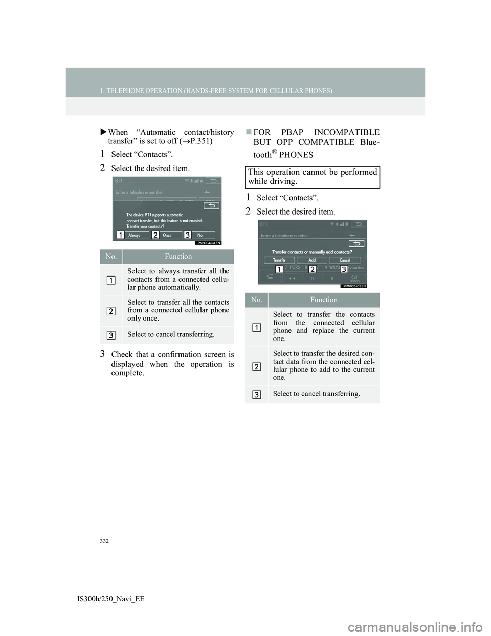 Lexus IS300h 2013 Navigation manual 332
1. TELEPHONE OPERATION (HANDS-FREE SYSTEM FOR CELLULAR PHONES)
IS300h/250_Navi_EE
When “Automatic contact/history
transfer” is set to off (P.351)
1Select “Contacts”.
2Select the desi Lexus IS300h 2013 Navigation manual 332
1. TELEPHONE OPERATION (HANDS-FREE SYSTEM FOR CELLULAR PHONES)
IS300h/250_Navi_EE
When “Automatic contact/history
transfer” is set to off (P.351)
1Select “Contacts”.
2Select the desi