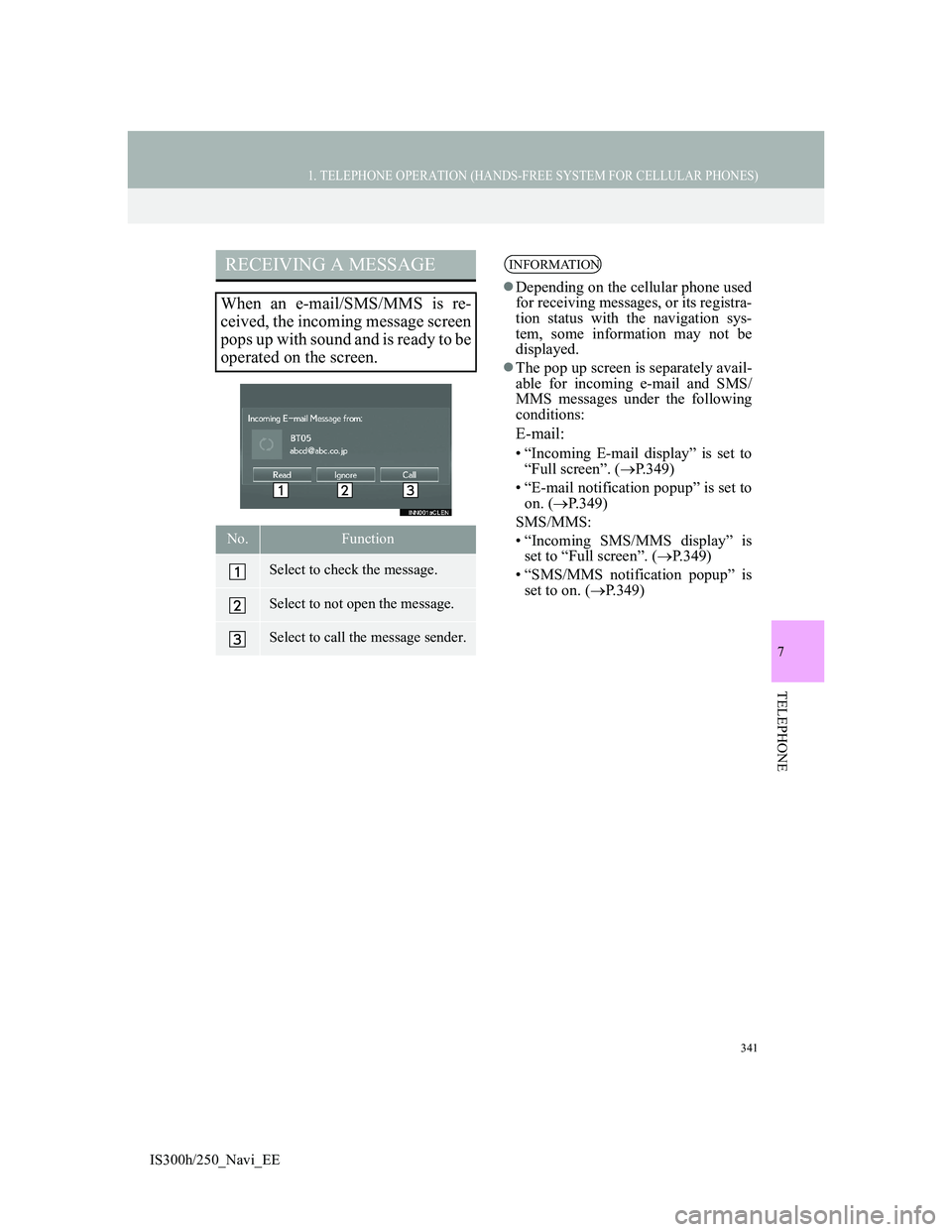 Lexus IS300h 2013 Navigation manual 341
1. TELEPHONE OPERATION (HANDS-FREE SYSTEM FOR CELLULAR PHONES)
7
TELEPHONE
IS300h/250_Navi_EE
RECEIVING A MESSAGE
When an e-mail/SMS/MMS is re-
ceived, the incoming message screen
pops up with sou Lexus IS300h 2013 Navigation manual 341
1. TELEPHONE OPERATION (HANDS-FREE SYSTEM FOR CELLULAR PHONES)
7
TELEPHONE
IS300h/250_Navi_EE
RECEIVING A MESSAGE
When an e-mail/SMS/MMS is re-
ceived, the incoming message screen
pops up with sou