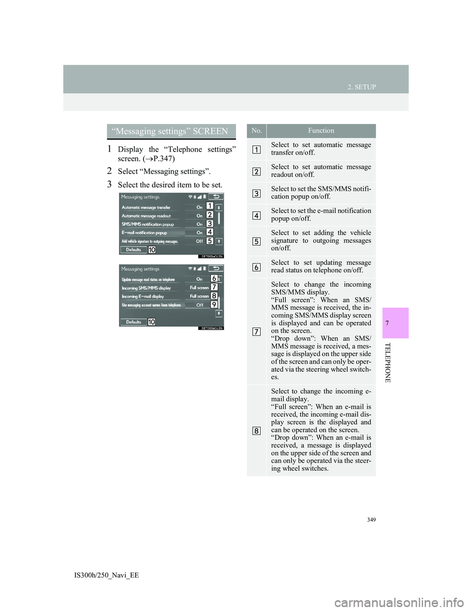 Lexus IS300h 2013 Navigation manual 349
2. SETUP
IS300h/250_Navi_EE
7
TELEPHONE
1Display the “Telephone settings”
screen. (P.347)
2Select “Messaging settings”.
3Select the desired item to be set.
“Messaging settings” SCRE Lexus IS300h 2013 Navigation manual 349
2. SETUP
IS300h/250_Navi_EE
7
TELEPHONE
1Display the “Telephone settings”
screen. (P.347)
2Select “Messaging settings”.
3Select the desired item to be set.
“Messaging settings” SCRE