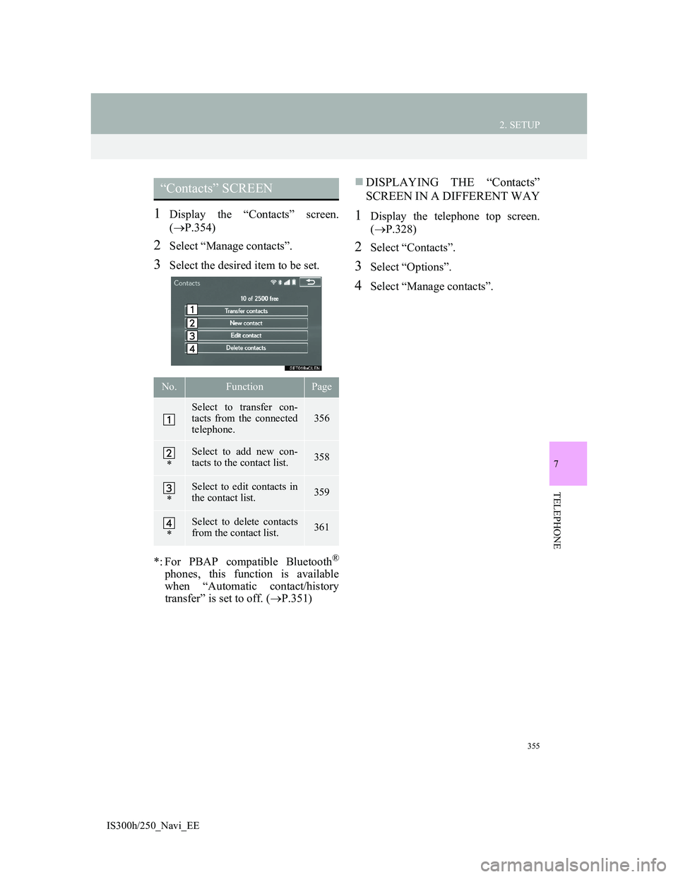 Lexus IS300h 2013 Navigation manual 355
2. SETUP
IS300h/250_Navi_EE
7
TELEPHONE
1Display the “Contacts” screen.
(P.354)
2Select “Manage contacts”.
3Select the desired item to be set.
*: For PBAP compatible Bluetooth
®
phones Lexus IS300h 2013 Navigation manual 355
2. SETUP
IS300h/250_Navi_EE
7
TELEPHONE
1Display the “Contacts” screen.
(P.354)
2Select “Manage contacts”.
3Select the desired item to be set.
*: For PBAP compatible Bluetooth
®
phones