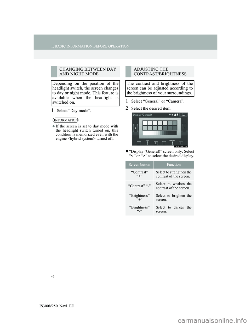 Lexus IS300h 2013 Navigation manual 46
1. BASIC INFORMATION BEFORE OPERATION
IS300h/250_Navi_EE
1Select “Day mode”.
1Select “General” or “Camera”.
2Select the desired item.
“Display (General)” screen only: Select
“ Lexus IS300h 2013 Navigation manual 46
1. BASIC INFORMATION BEFORE OPERATION
IS300h/250_Navi_EE
1Select “Day mode”.
1Select “General” or “Camera”.
2Select the desired item.
“Display (General)” screen only: Select
“
