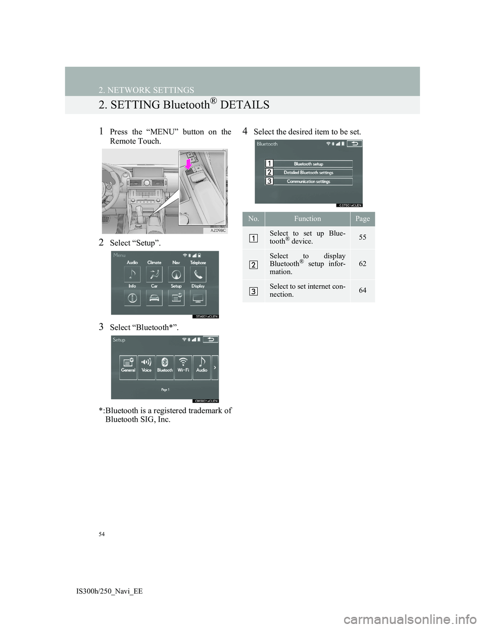 Lexus IS300h 2013 Navigation manual 54
2. NETWORK SETTINGS
IS300h/250_Navi_EE
2. SETTING Bluetooth® DETAILS
1Press the “MENU” button on the
Remote Touch.
2Select “Setup”.
3Select “Bluetooth*”.
*:Bluetooth is a registered tr Lexus IS300h 2013 Navigation manual 54
2. NETWORK SETTINGS
IS300h/250_Navi_EE
2. SETTING Bluetooth® DETAILS
1Press the “MENU” button on the
Remote Touch.
2Select “Setup”.
3Select “Bluetooth*”.
*:Bluetooth is a registered tr