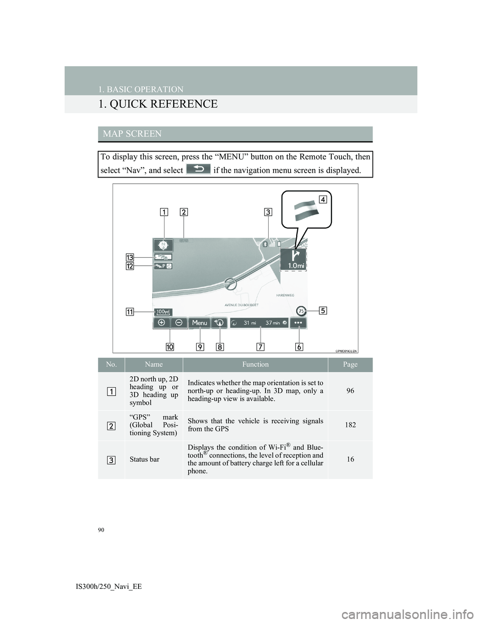 Lexus IS300h 2013 Navigation manual 90
IS300h/250_Navi_EE
1. BASIC OPERATION
1. QUICK REFERENCE
MAP SCREEN
To display this screen, press the “MENU” button on the Remote Touch, then
select “Nav”, and select if the navigation me Lexus IS300h 2013 Navigation manual 90
IS300h/250_Navi_EE
1. BASIC OPERATION
1. QUICK REFERENCE
MAP SCREEN
To display this screen, press the “MENU” button on the Remote Touch, then
select “Nav”, and select if the navigation me