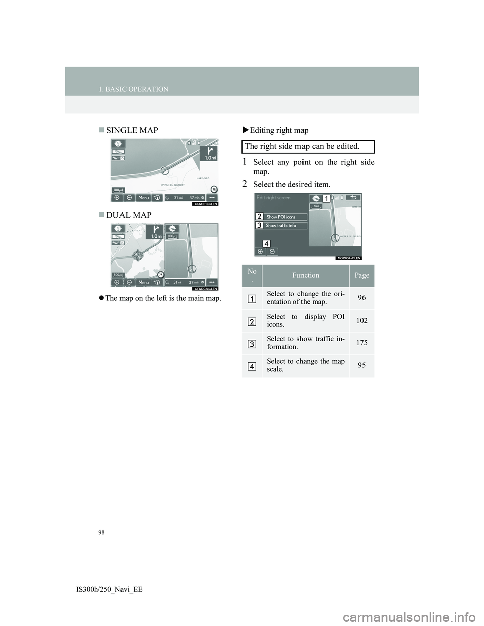 Lexus IS300h 2013 Navigation manual 98
1. BASIC OPERATION
IS300h/250_Navi_EE
SINGLE MAP
DUAL MAP
The map on the left is the main map.
Editing right map
1Select any point on the right side
map.
2Select the desired item.
The Lexus IS300h 2013 Navigation manual 98
1. BASIC OPERATION
IS300h/250_Navi_EE
SINGLE MAP
DUAL MAP
The map on the left is the main map.
Editing right map
1Select any point on the right side
map.
2Select the desired item.
The