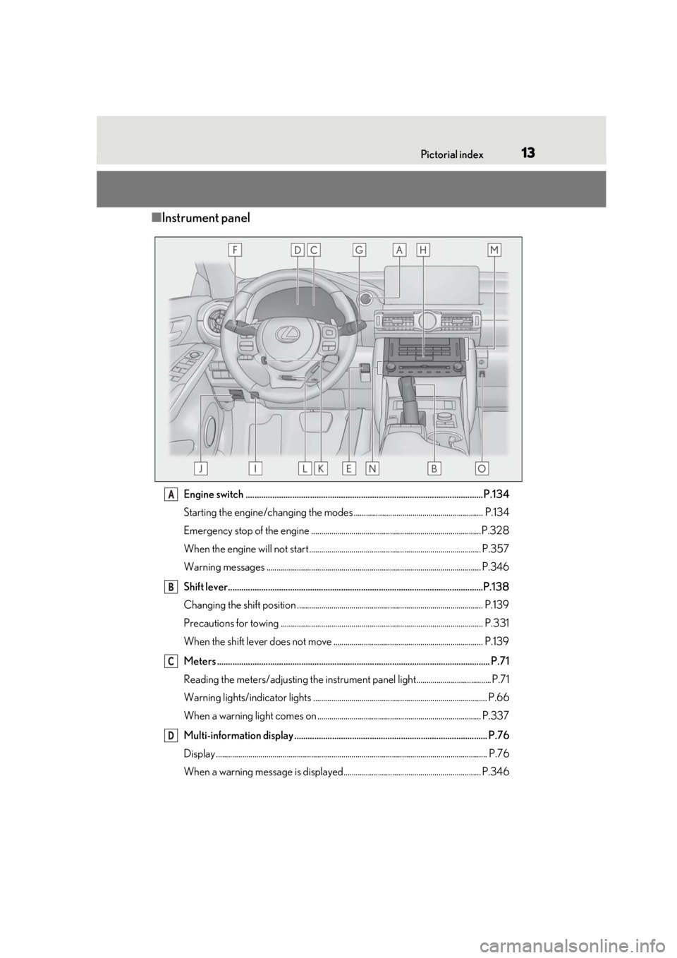 Lexus IS350 2021   / LEXUS 2021 IS 300, IS 350  (OM53E98U) User Guide 13Pictorial index
■Instrument panel
Engine switch ........................................................................................................... P.134
Starting the engine/changing the m