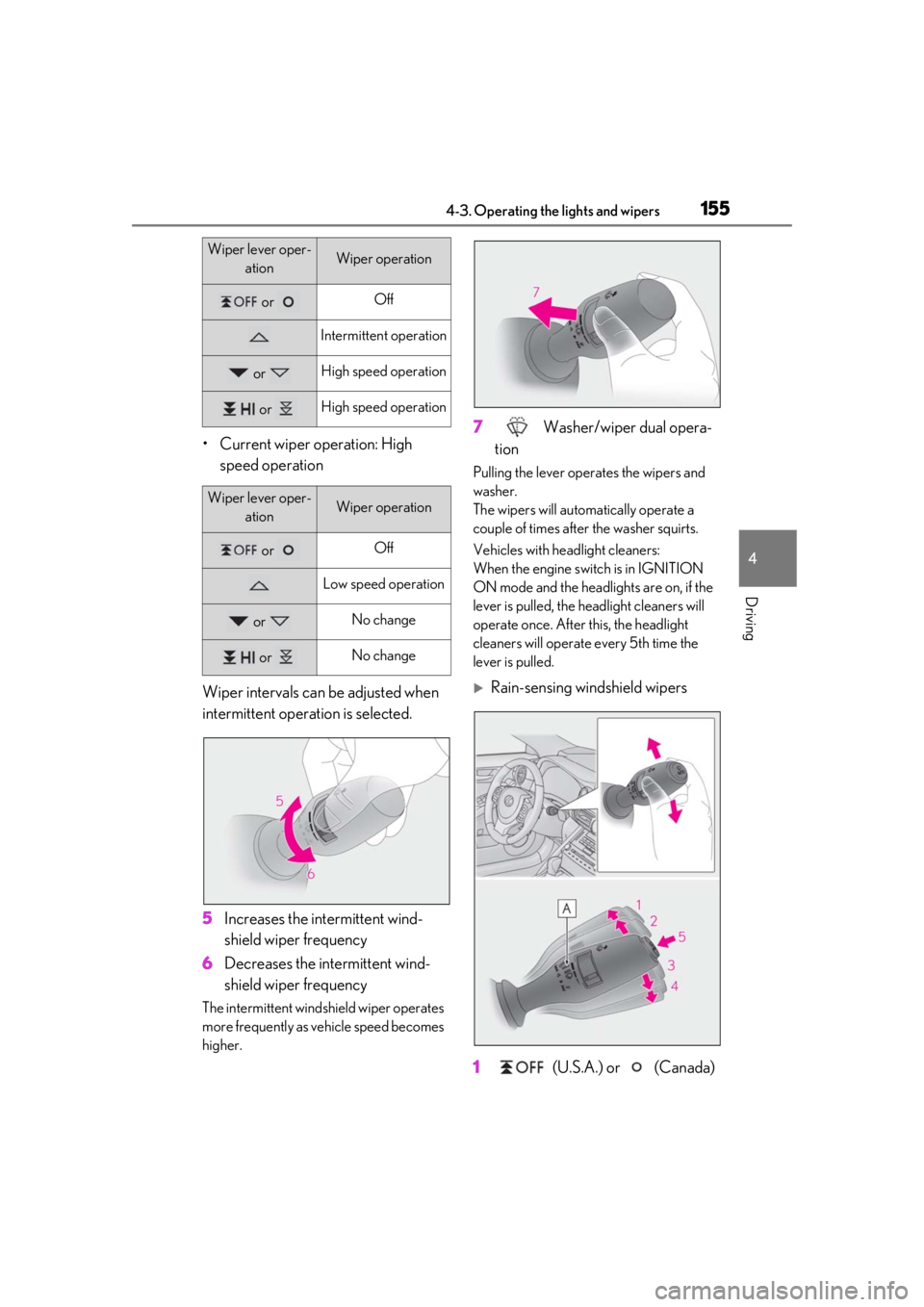 Lexus IS350 2021  Owners Manual / LEXUS 2021 IS 300, IS 350 OWNERS MANUAL (OM53E98U) 1554-3. Operating the lights and wipers
4
Driving
• Current wiper operation: High speed operation
Wiper intervals can be adjusted when 
intermittent operation is selected.
5 Increases the intermitte