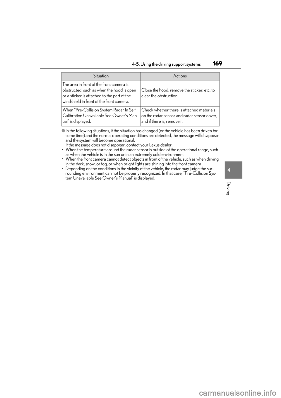 Lexus IS350 2021 Owners Manual / LEXUS 2021 IS 300, IS 350 OWNERS MANUAL (OM53E98U) 1694-5. Using the driving support systems
4
Driving
●In the following situations, if the situation has changed (or the vehicle has been driven for
some time) and the normal operating conditions are Lexus IS350 2021 Owners Manual / LEXUS 2021 IS 300, IS 350 OWNERS MANUAL (OM53E98U) 1694-5. Using the driving support systems
4
Driving
●In the following situations, if the situation has changed (or the vehicle has been driven for
some time) and the normal operating conditions are