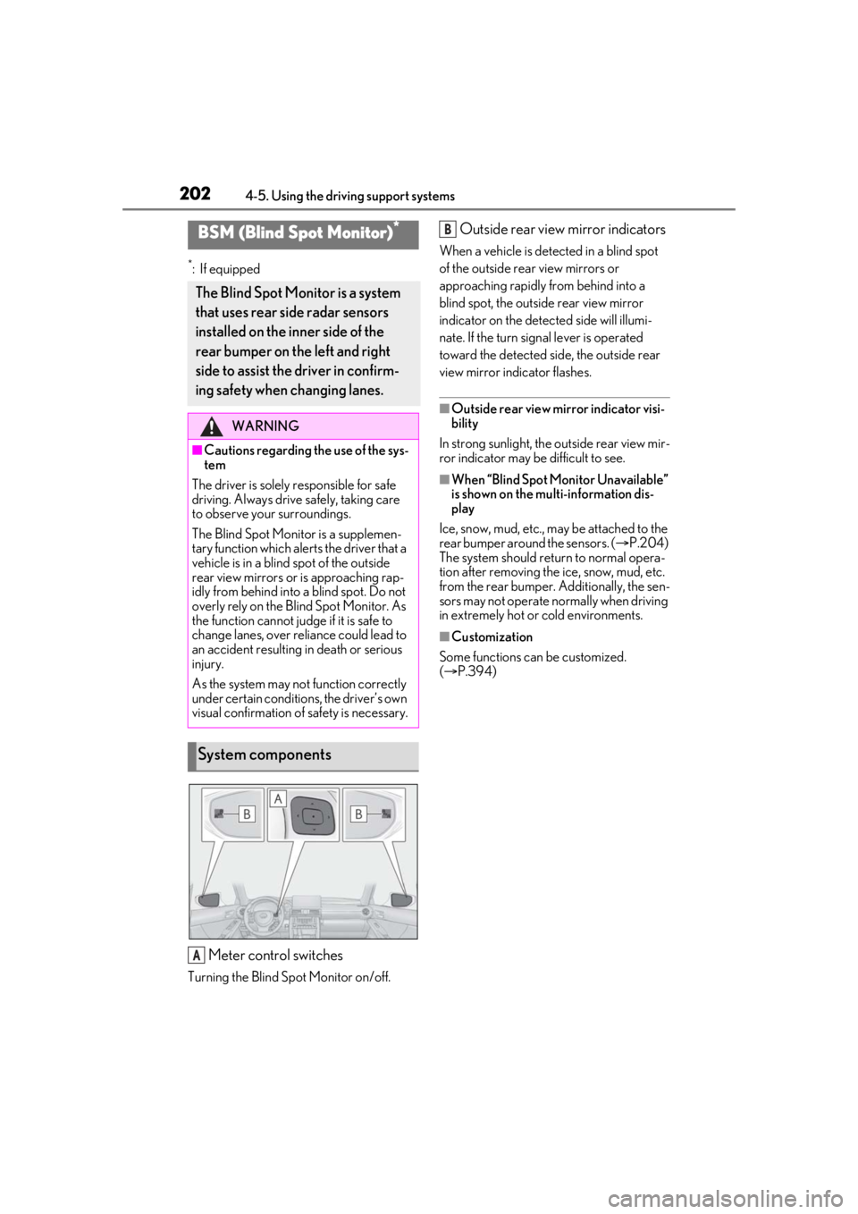 Lexus IS350 2021 Owners Manual / LEXUS 2021 IS 300, IS 350 OWNERS MANUAL (OM53E98U) 2024-5. Using the driving support systems
*:If equipped
Meter control switches
Turning the Blind Spot Monitor on/off.
Outside rear view mirror indicators
When a vehicle is detected in a blind spot
of Lexus IS350 2021 Owners Manual / LEXUS 2021 IS 300, IS 350 OWNERS MANUAL (OM53E98U) 2024-5. Using the driving support systems
*:If equipped
Meter control switches
Turning the Blind Spot Monitor on/off.
Outside rear view mirror indicators
When a vehicle is detected in a blind spot
of