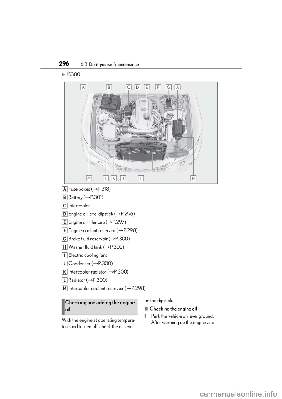 Lexus IS350 2021 Owners Manual / LEXUS 2021 IS 300, IS 350 OWNERS MANUAL (OM53E98U) 2966-3. Do-it-yourself maintenance
IS300Fuse boxes ( P.318)
Battery ( P.301)
Intercooler
Engine oil level dipstick ( P.296)
Engine oil filler cap ( P.297)
Engine coolant reservoir ( Lexus IS350 2021 Owners Manual / LEXUS 2021 IS 300, IS 350 OWNERS MANUAL (OM53E98U) 2966-3. Do-it-yourself maintenance
IS300Fuse boxes ( P.318)
Battery ( P.301)
Intercooler
Engine oil level dipstick ( P.296)
Engine oil filler cap ( P.297)
Engine coolant reservoir ( 