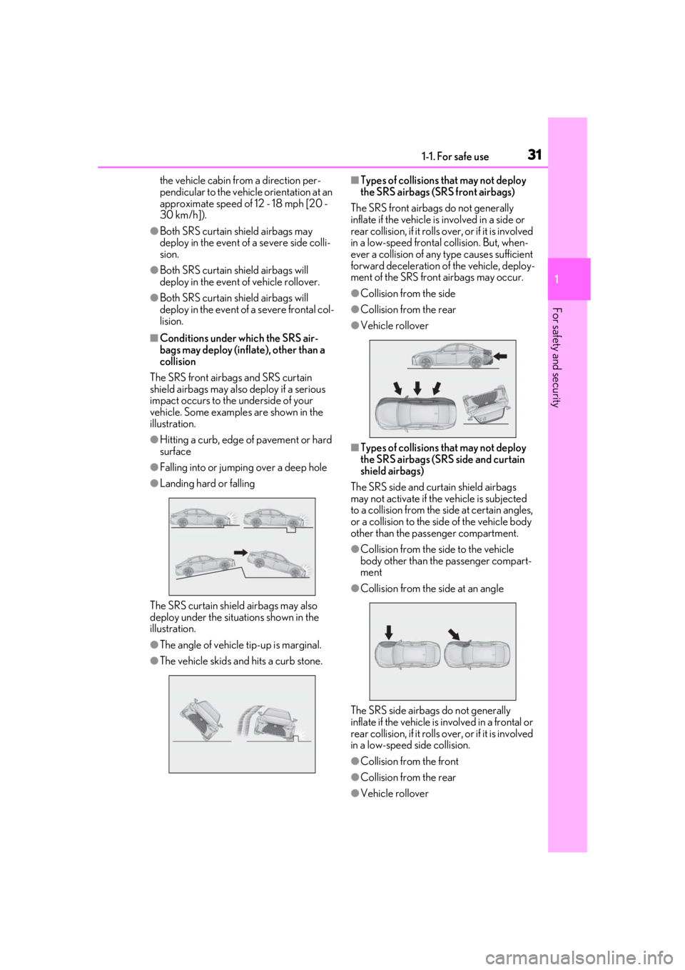 Lexus IS350 2021  Owners Manual / LEXUS 2021 IS 300, IS 350 OWNERS MANUAL (OM53E98U) 311-1. For safe use
1
For safety and security
the vehicle cabin from a direction per-
pendicular to the vehicle orientation at an 
approximate speed of 12 - 18 mph [20 - 
30 km/h]).
●Both SRS curtai