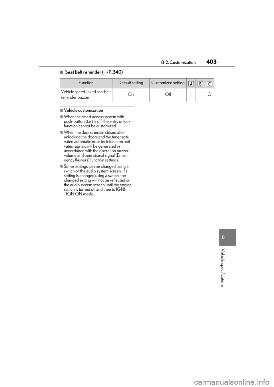 Lexus IS350 2021   / LEXUS 2021 IS 300, IS 350  (OM53E98U) Owners Guide 4038-2. Customization
8
Vehicle specifications
■Seat belt reminder (P.340)
■Vehicle customization
●When the smart access system with 
push-button start is off, the entry unlock 
function cann