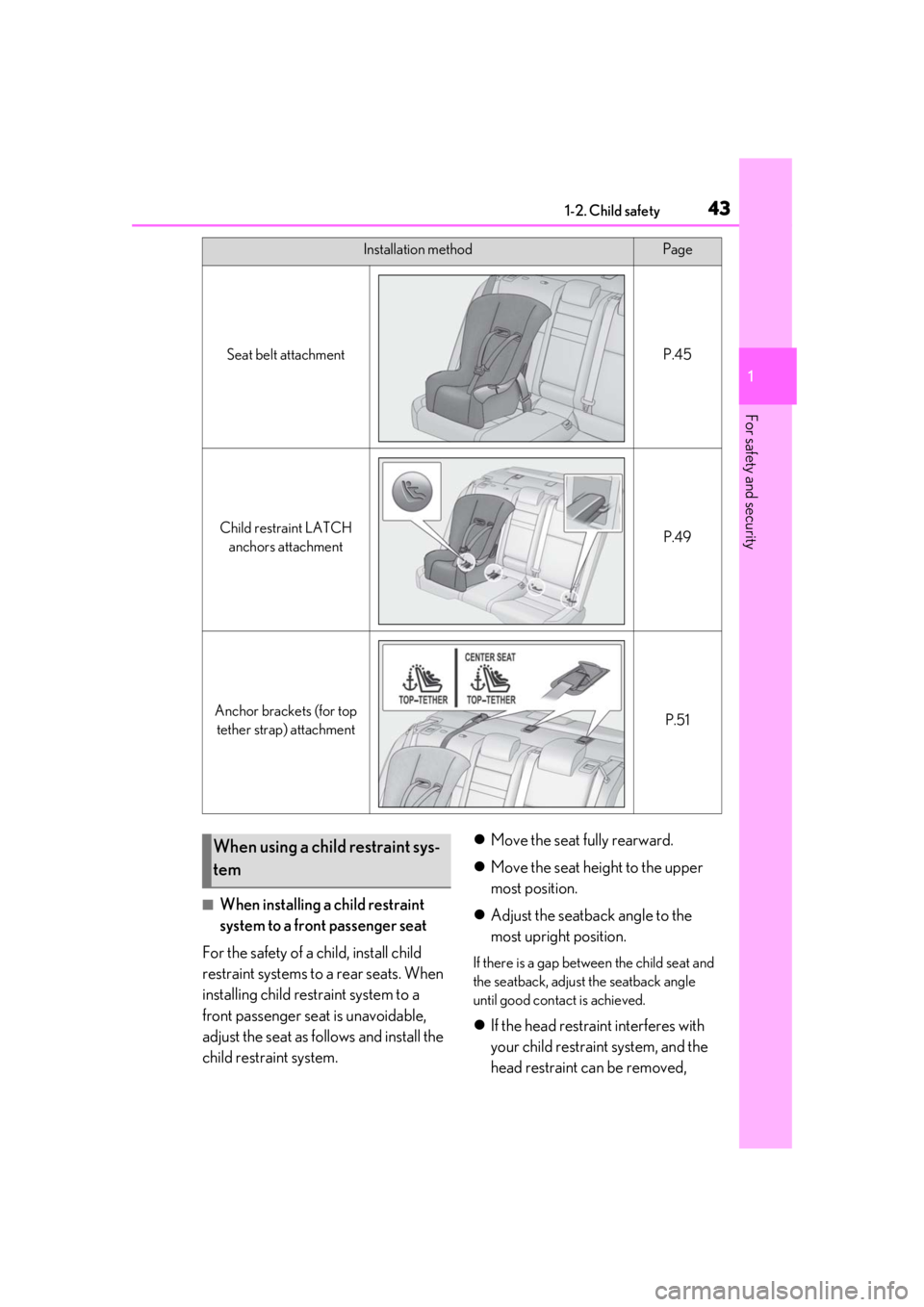 Lexus IS350 2021   / LEXUS 2021 IS 300, IS 350  (OM53E98U) Service Manual 431-2. Child safety
1
For safety and security
■When installing a child restraint 
system to a front passenger seat
For the safety of a child, install child 
restraint systems to a rear seats. When 
