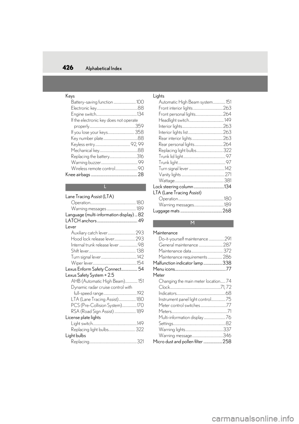 Lexus IS350 2021   / LEXUS 2021 IS 300, IS 350  (OM53E98U) Owners Guide 426Alphabetical Index
KeysBattery-saving function ........................... 100
Electronic key .................................................88
Engine switch......................................