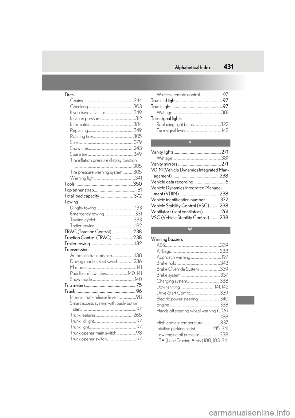 Lexus IS350 2021  Owners Manual / LEXUS 2021 IS 300, IS 350 OWNERS MANUAL (OM53E98U) 431Alphabetical Index
TiresChains ............................................................. 244
Checking .......................................................303
If you have a flat tire ........