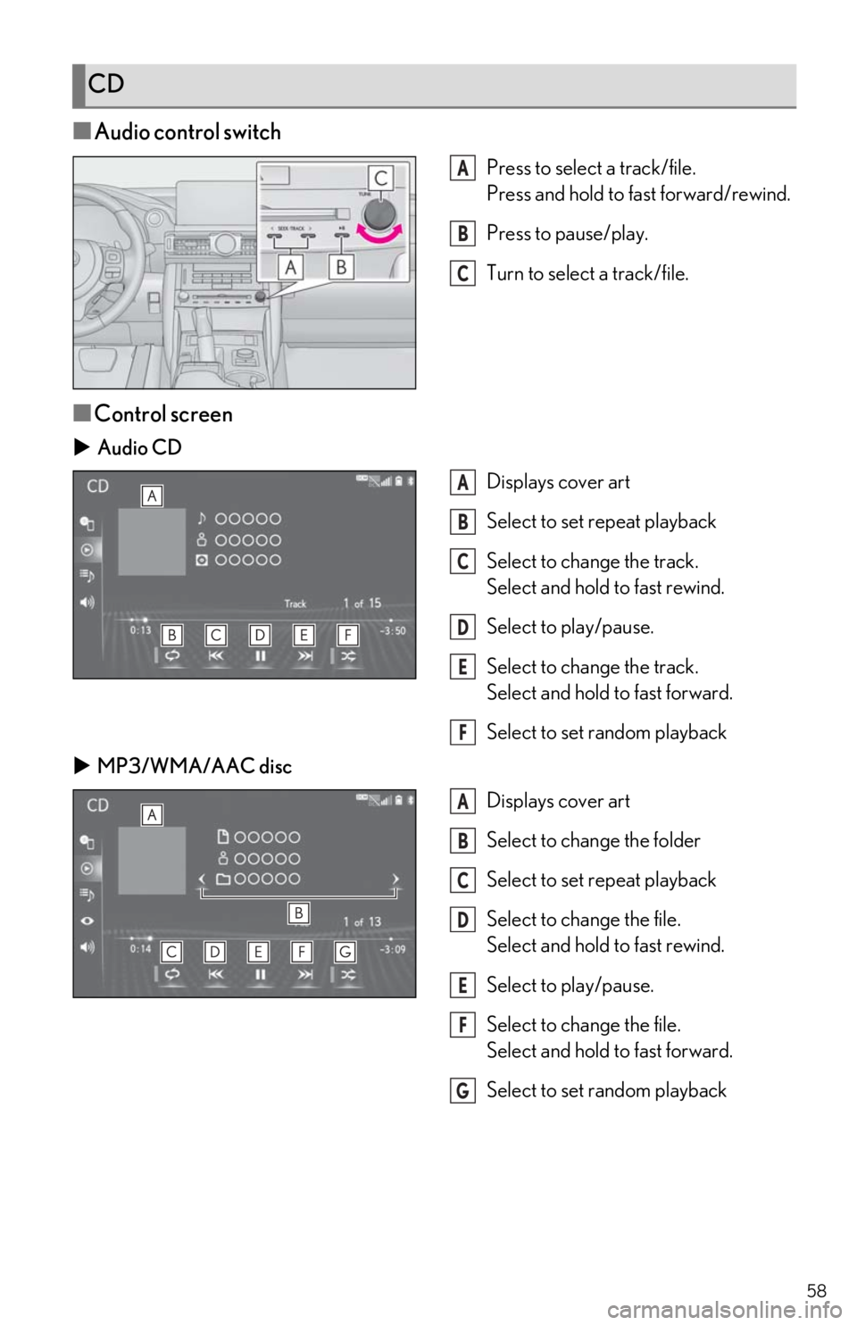 Lexus IS350 2021 / LEXUS 2021 IS300, IS350 QUICK GUIDE (OM53F18U) Owners Guide 58
■Audio control switch
Press to select a track/file.
Press and hold to fast forward/rewind.
Press to pause/play.
Turn to select a track/file.
■Control screen
Audio CD
Displays cover art
Selec Lexus IS350 2021 / LEXUS 2021 IS300, IS350 QUICK GUIDE (OM53F18U) Owners Guide 58
■Audio control switch
Press to select a track/file.
Press and hold to fast forward/rewind.
Press to pause/play.
Turn to select a track/file.
■Control screen
Audio CD
Displays cover art
Selec