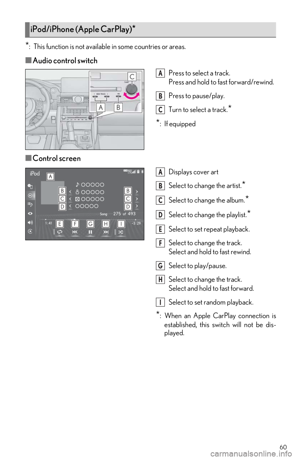 Lexus IS350 2021 / LEXUS 2021 IS300, IS350 QUICK GUIDE (OM53F18U) Owners Guide 60
*: This function is not available in some countries or areas.
■Audio control switch
Press to select a track.
Press and hold to fast forward/rewind.
Press to pause/play.
Turn to select a track.
*
Lexus IS350 2021 / LEXUS 2021 IS300, IS350 QUICK GUIDE (OM53F18U) Owners Guide 60
*: This function is not available in some countries or areas.
■Audio control switch
Press to select a track.
Press and hold to fast forward/rewind.
Press to pause/play.
Turn to select a track.
*
