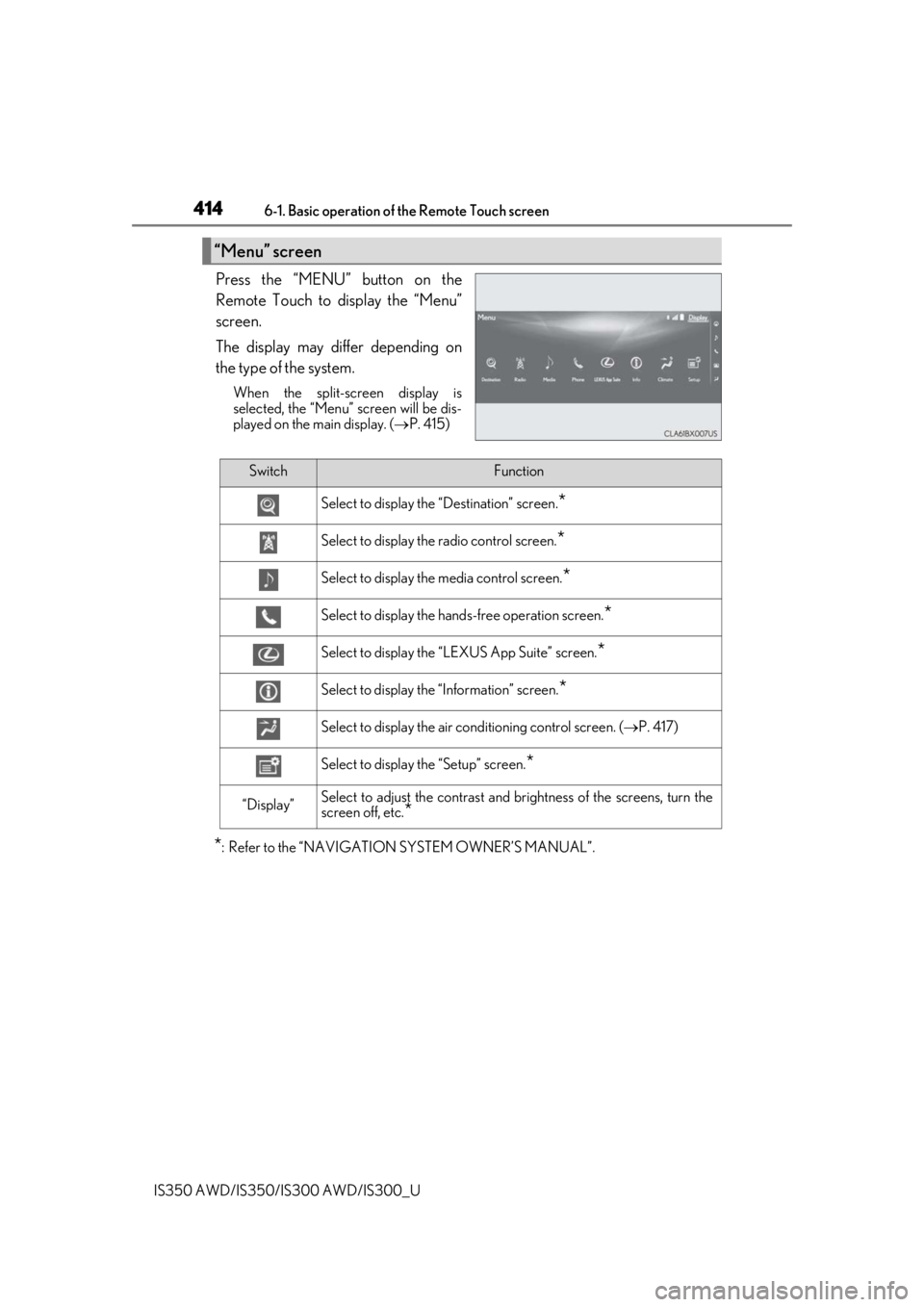 Lexus IS350 2019   / 2019 IS300,IS350  (OM53E71U) User Guide 4146-1. Basic operation of the Remote Touch screen
IS350 AWD/IS350/IS300 AWD/IS300_U
Press the “MENU” button on the
Remote Touch to display the “Menu”
screen.
The display may differ depending 