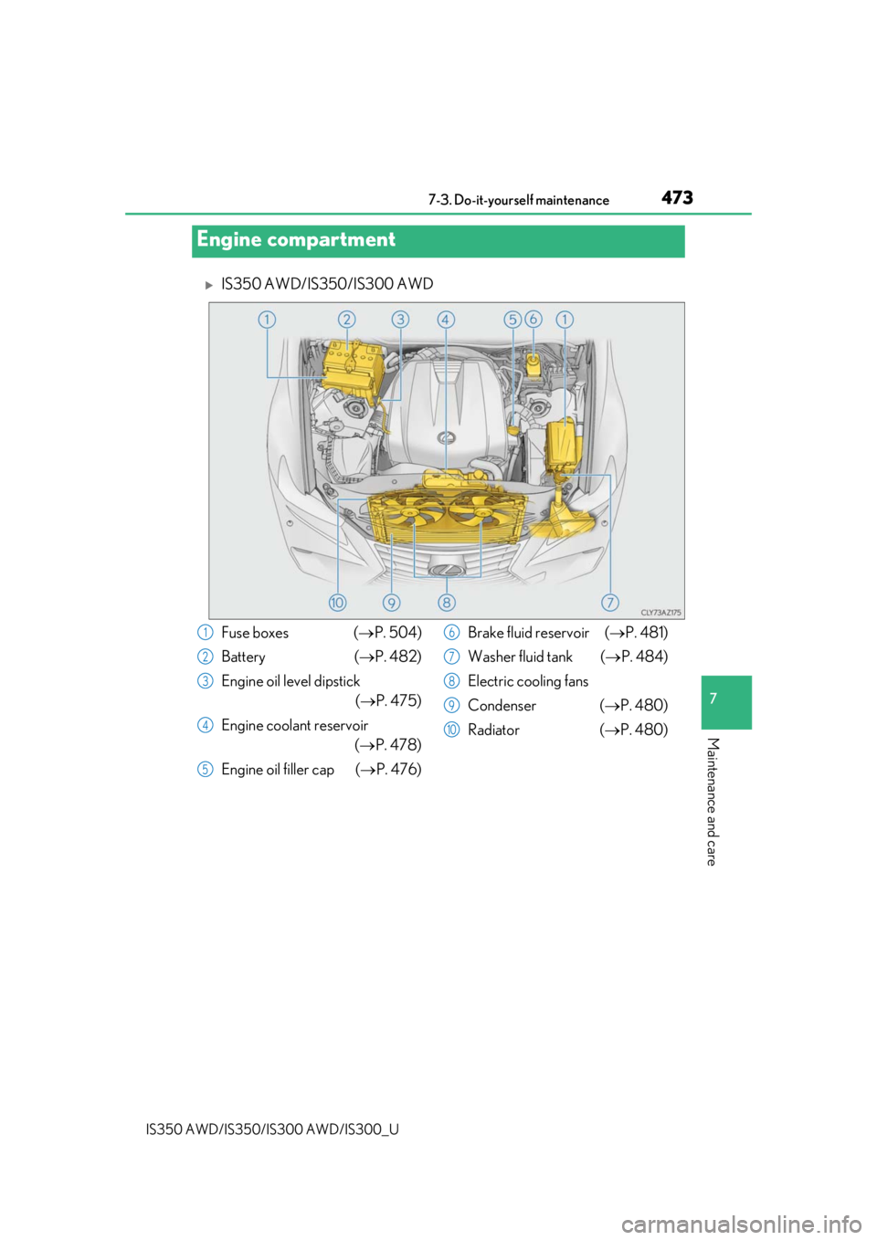 Lexus IS350 2019  Owners Manual / 2019 IS300,IS350 OWNERS MANUAL (OM53E71U) 4737-3. Do-it-yourself maintenance
7
Maintenance and care
IS350 AWD/IS350/IS300 AWD/IS300_U
IS350 AWD/IS350/IS300 AWD
Engine compartment
Fuse boxes  (P. 504)
Battery ( P. 482)
Engine oil leve