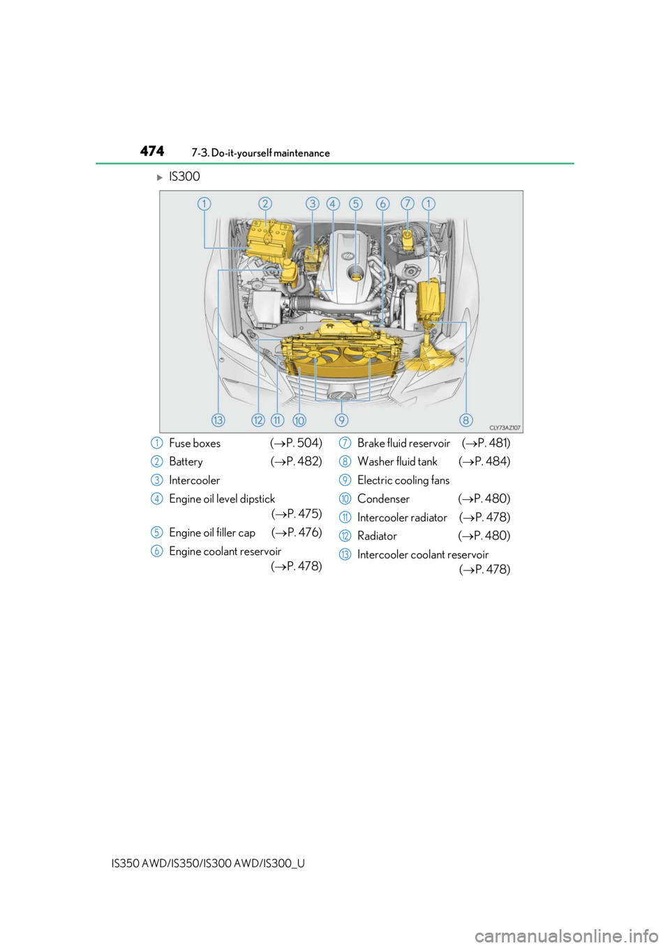Lexus IS350 2019  Owners Manual / 2019 IS300,IS350 OWNERS MANUAL (OM53E71U) 4747-3. Do-it-yourself maintenance
IS350 AWD/IS350/IS300 AWD/IS300_U
IS300
Fuse boxes  ( P. 504)
Battery ( P. 482)
Intercooler
Engine oil level dipstick (P. 475)
Engine oil filler cap (
