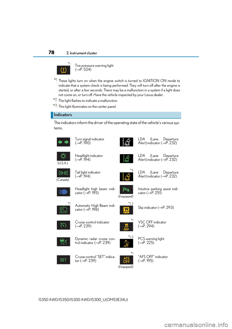 Lexus IS350 2018  Owners Manual / LEXUS 2018 IS300,IS350 OWNERS MANUAL (OM53E34U) 782. Instrument cluster
IS350 AWD/IS350/IS300  AWD/IS300_U(OM53E34U)
*1: These lights turn on when the engine switch is turned to IGNITION ON mode to
indicate that a system check is being performed. T